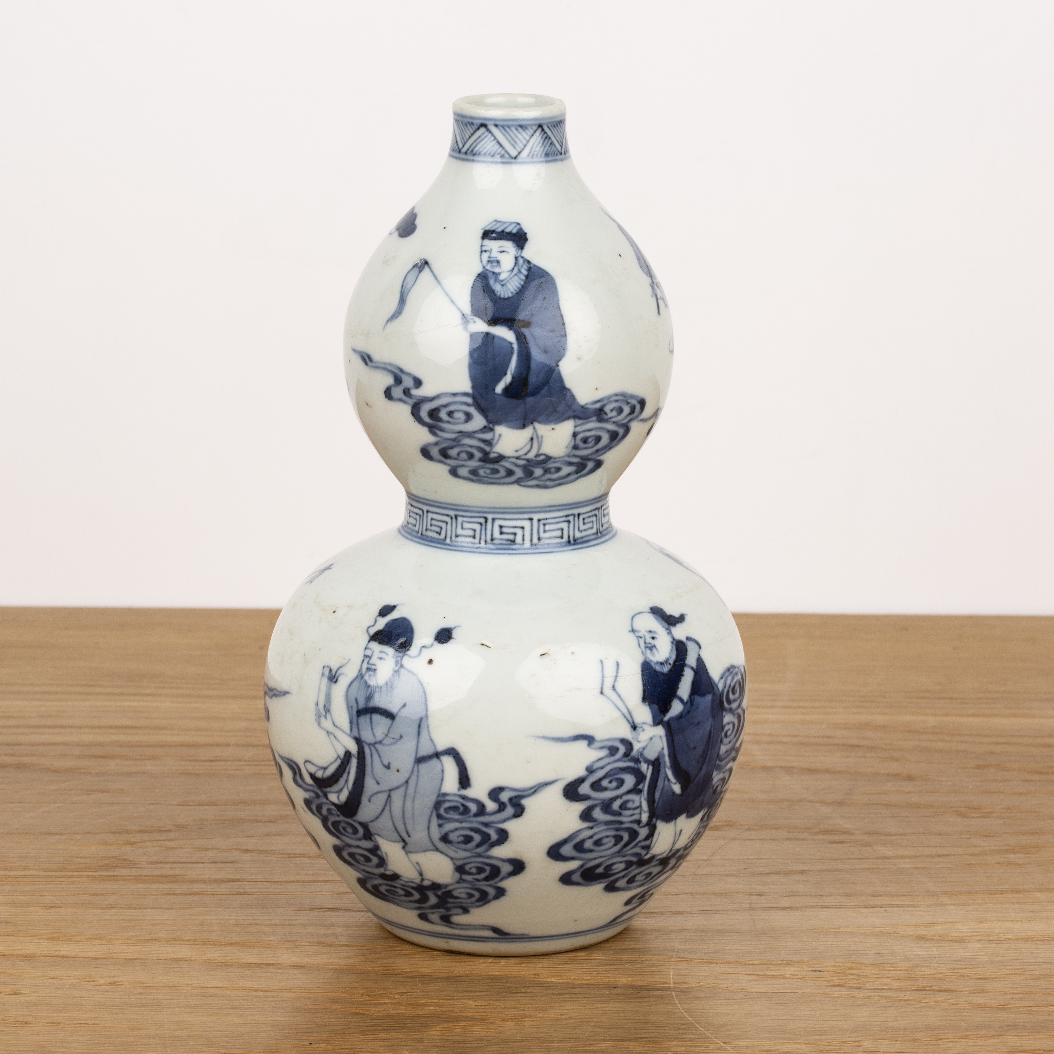 Double gourd blue and white vase Chinese, 19th Century painted with scholars, musicians above and - Image 2 of 4