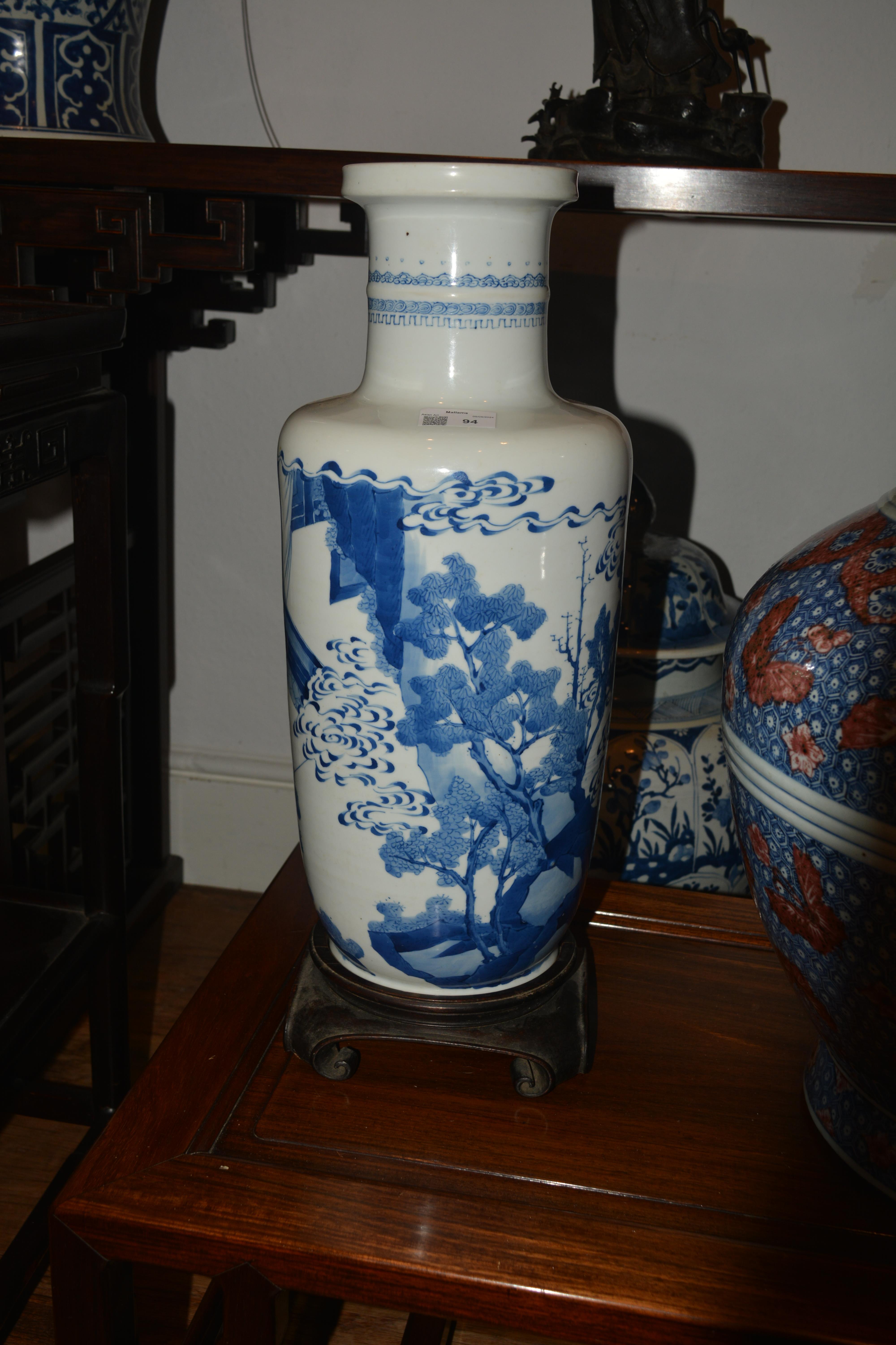 Blue and white porcelain rouleau vase Chinese, Kangxi painted with scholars, clouds, and figures - Image 23 of 33