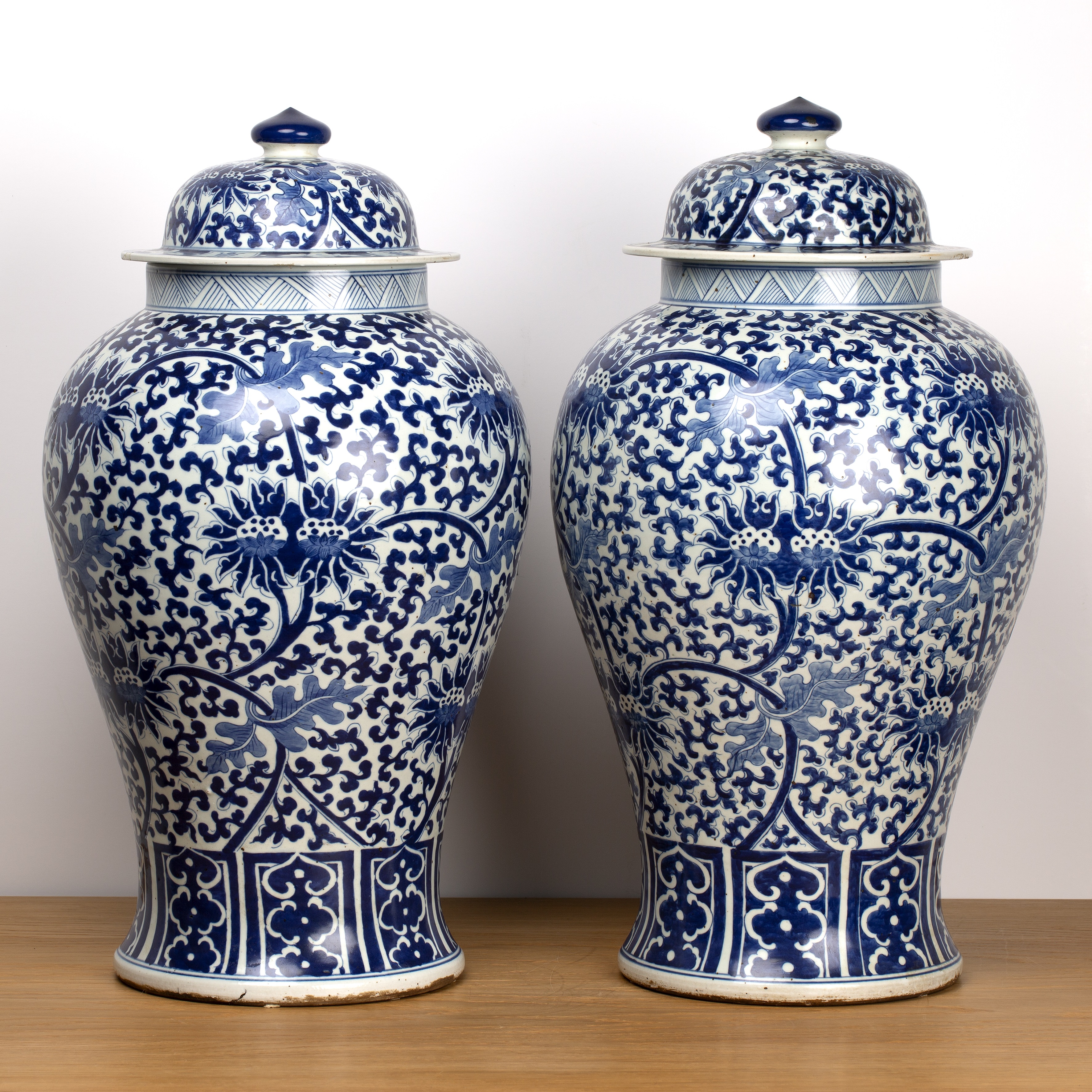 Pair of blue and white vases and covers Chinese, 19th Century with all-over trailing Indian lotus - Image 2 of 8