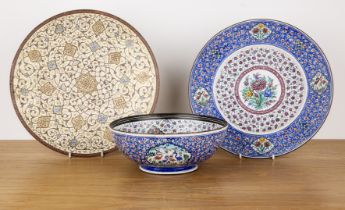 Three enamel pieces Persian, 20th Century including a bowl, 18.5cm and two similar plates, 24.5cm