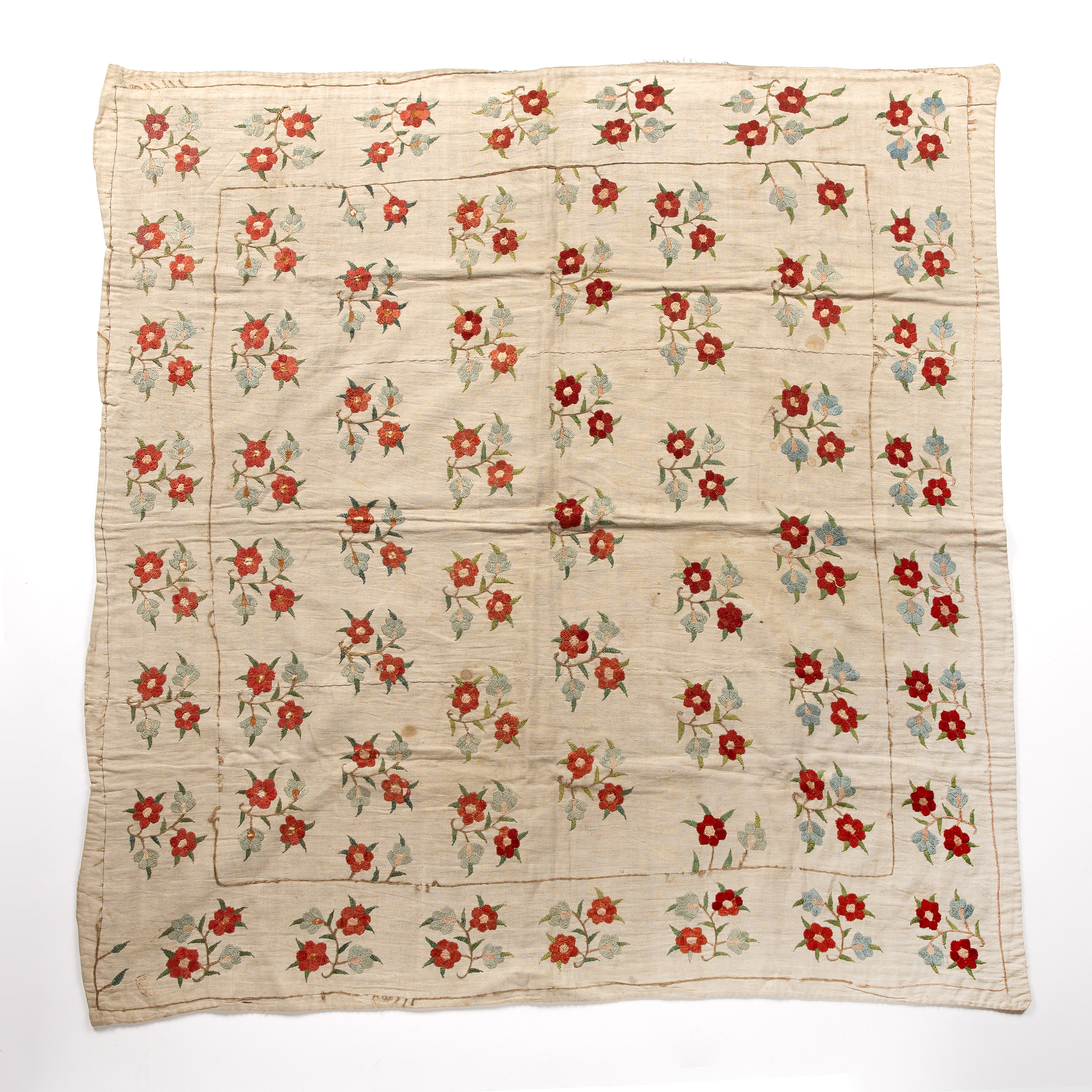 Silk embroidered panel Ottoman, 17th/18th Century with overall sprigs of flowers, 118cm square