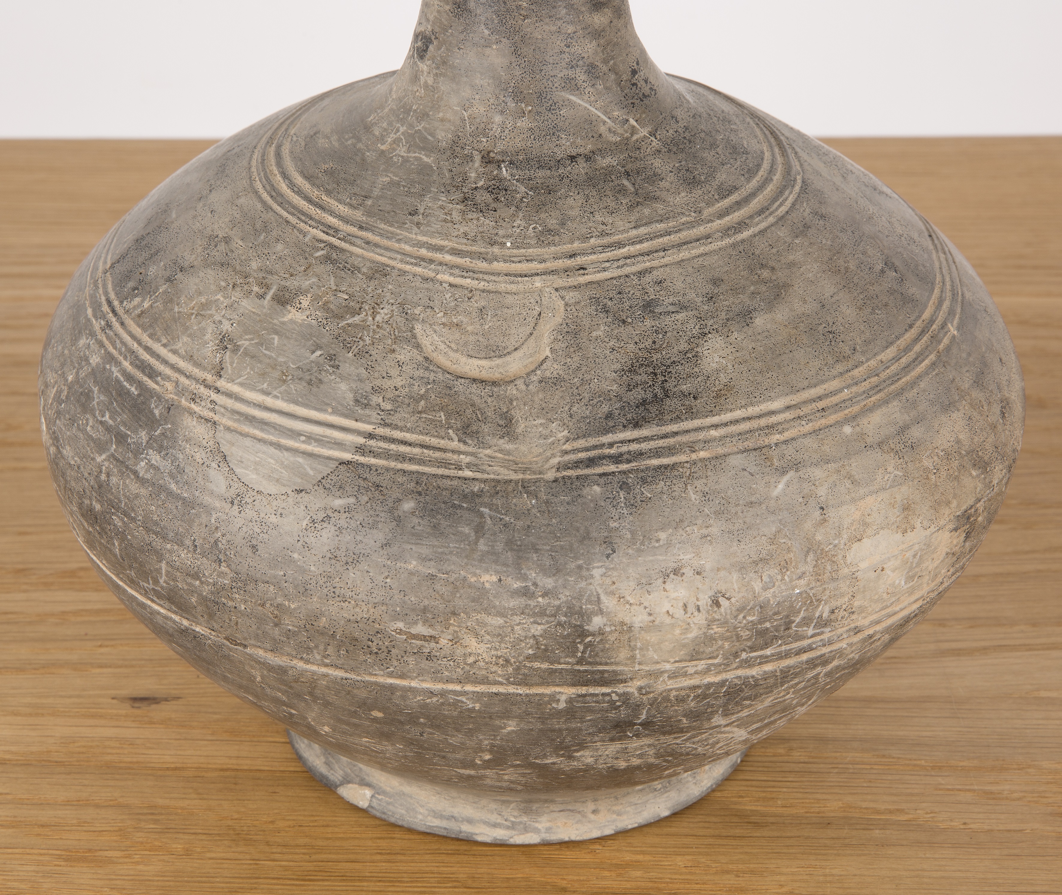 Garlic mouth funerary jar Chinese, Western Han with reeded and incised bands, 31cm high - Image 4 of 5