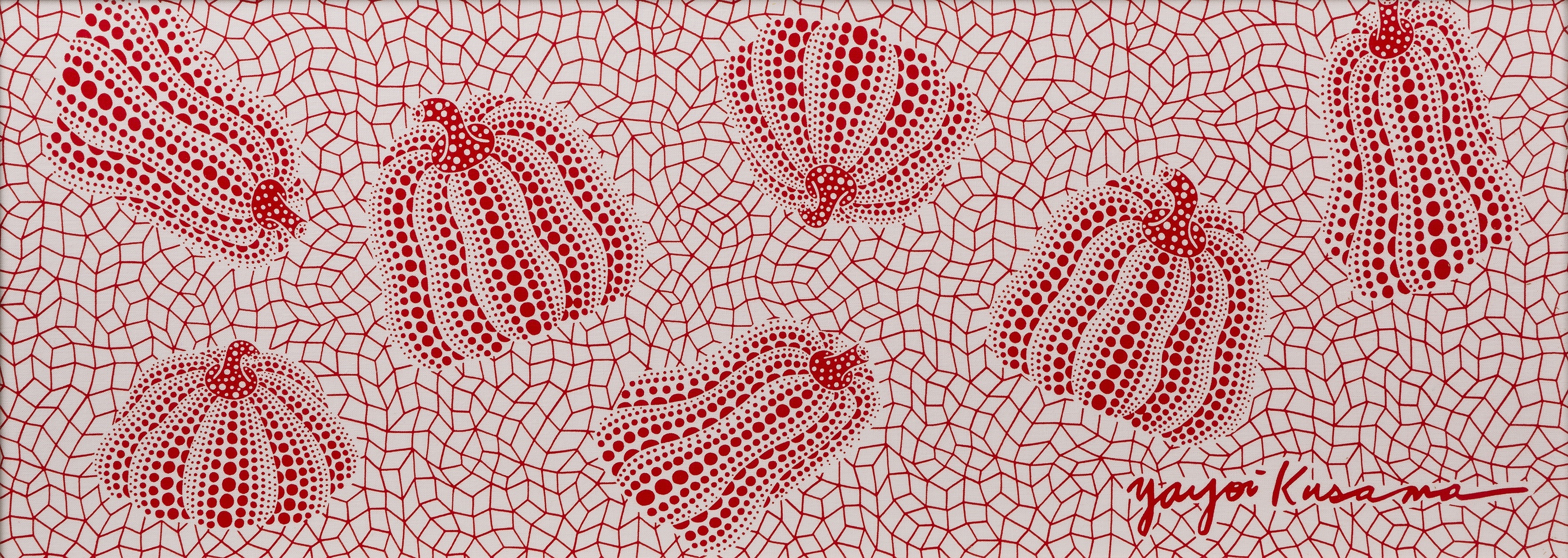 Yayoi Kusama (b.1929) Pumpkins (red/white) screenprinted fabric 32 x 88cm.