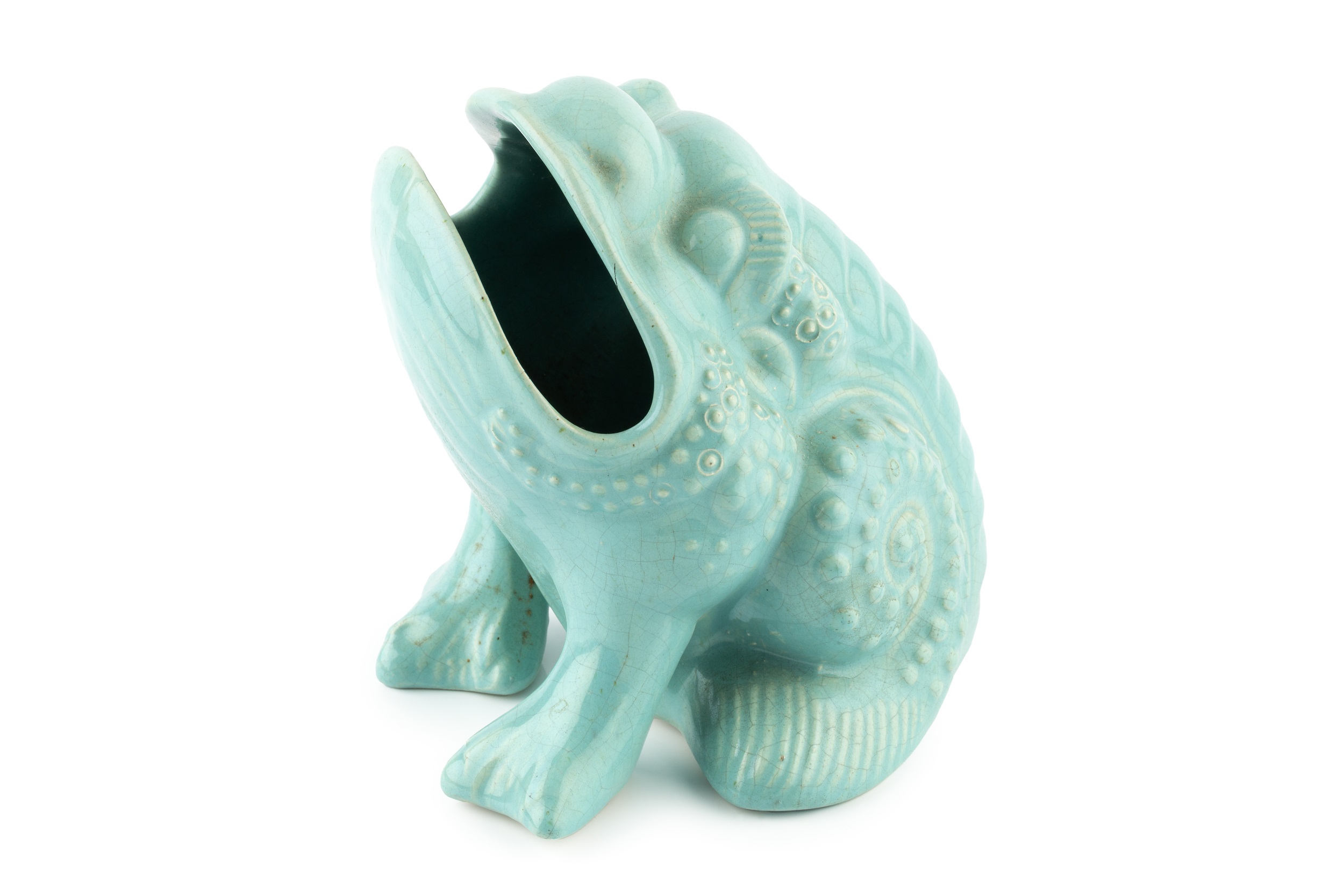 Burmantofts Faience Spoon warmer turquoise glaze impressed marks 13cm high. Crazing throughout.