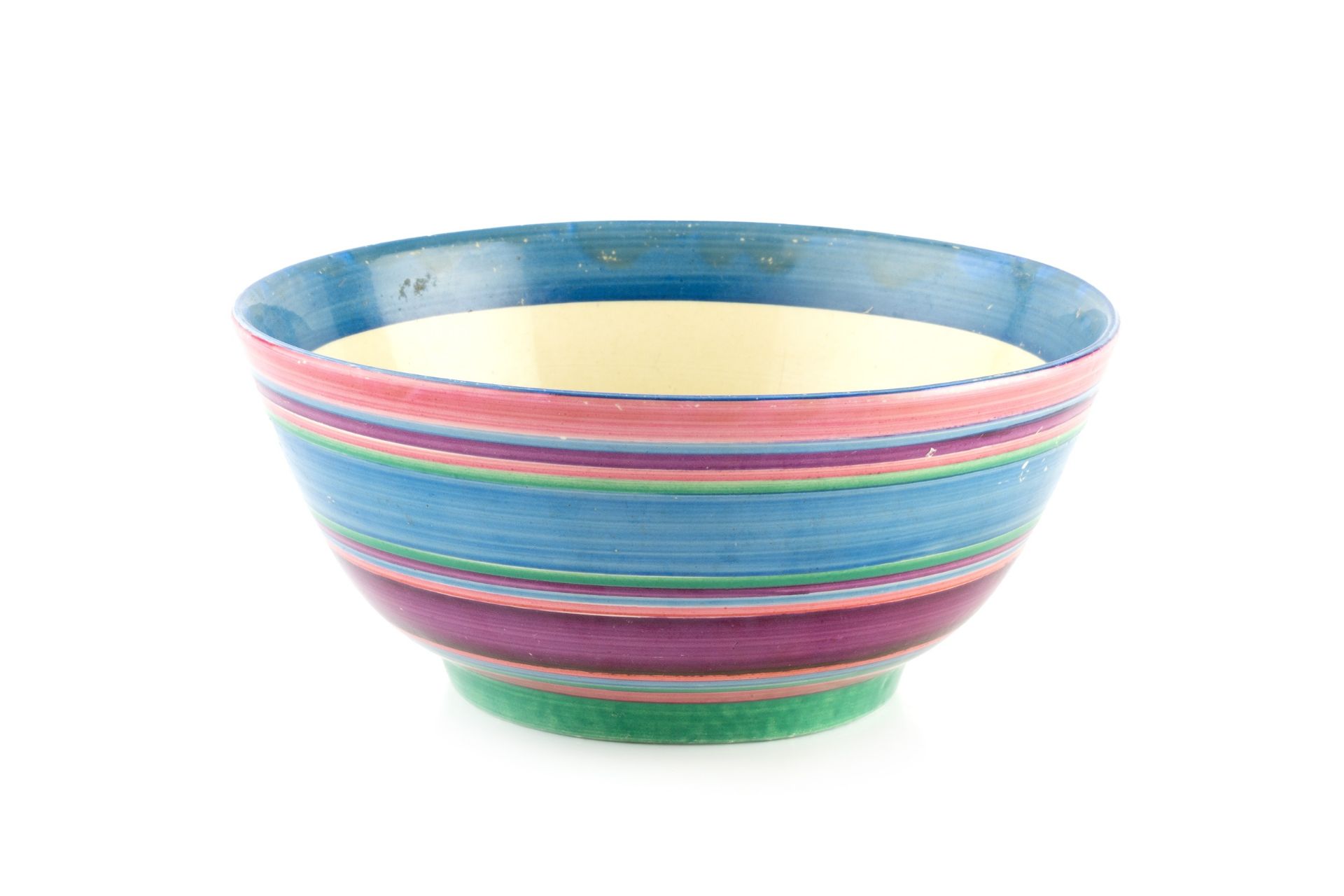 Clarice Cliff Fantasque bowl painted with Liberty Stripe pattern 9cm high, 20cm diameter.