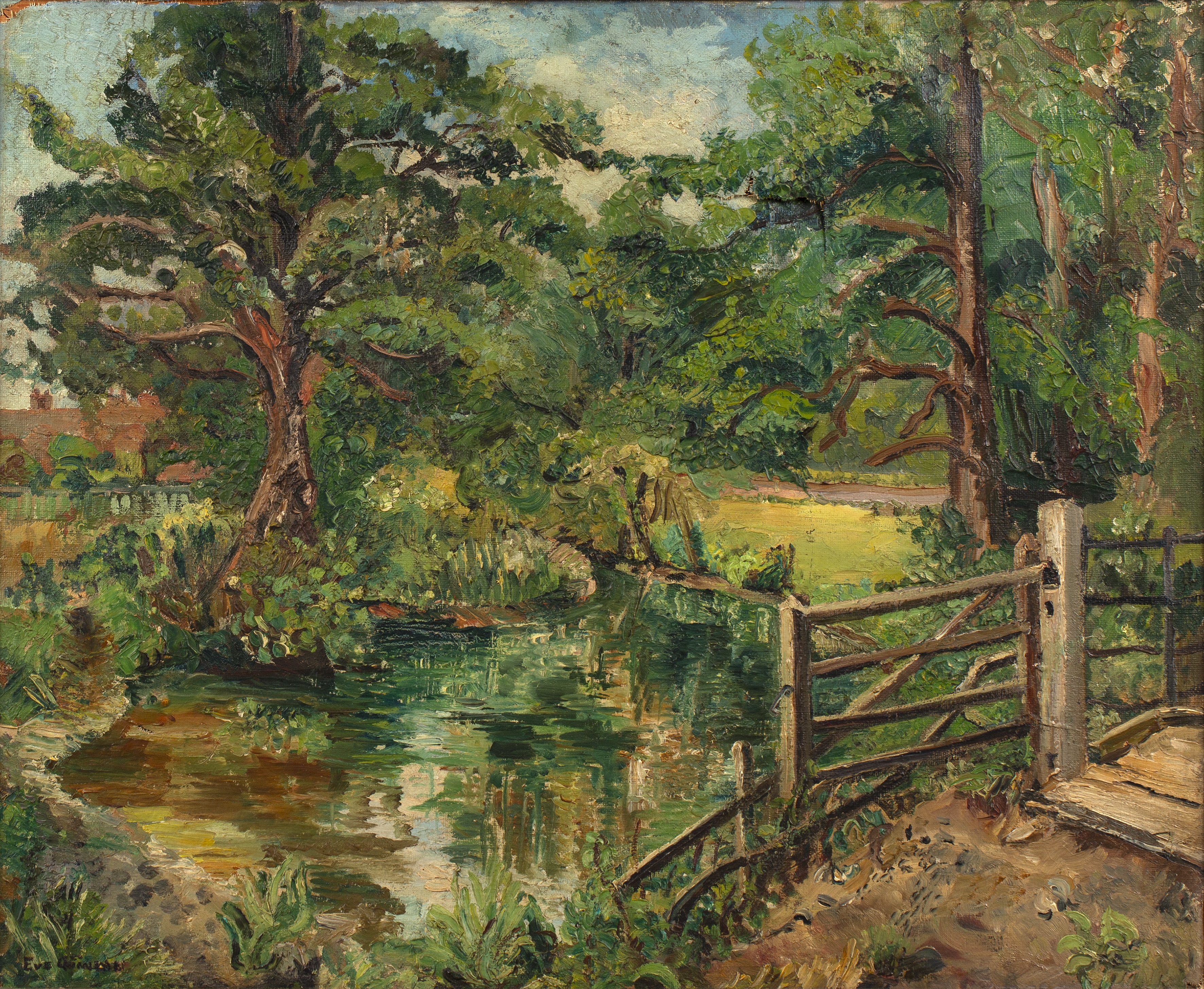 Eve Quinlan (1880-1955) Quiet Waters signed (lower left) oil on canvas 50 x 60cm. With tear.