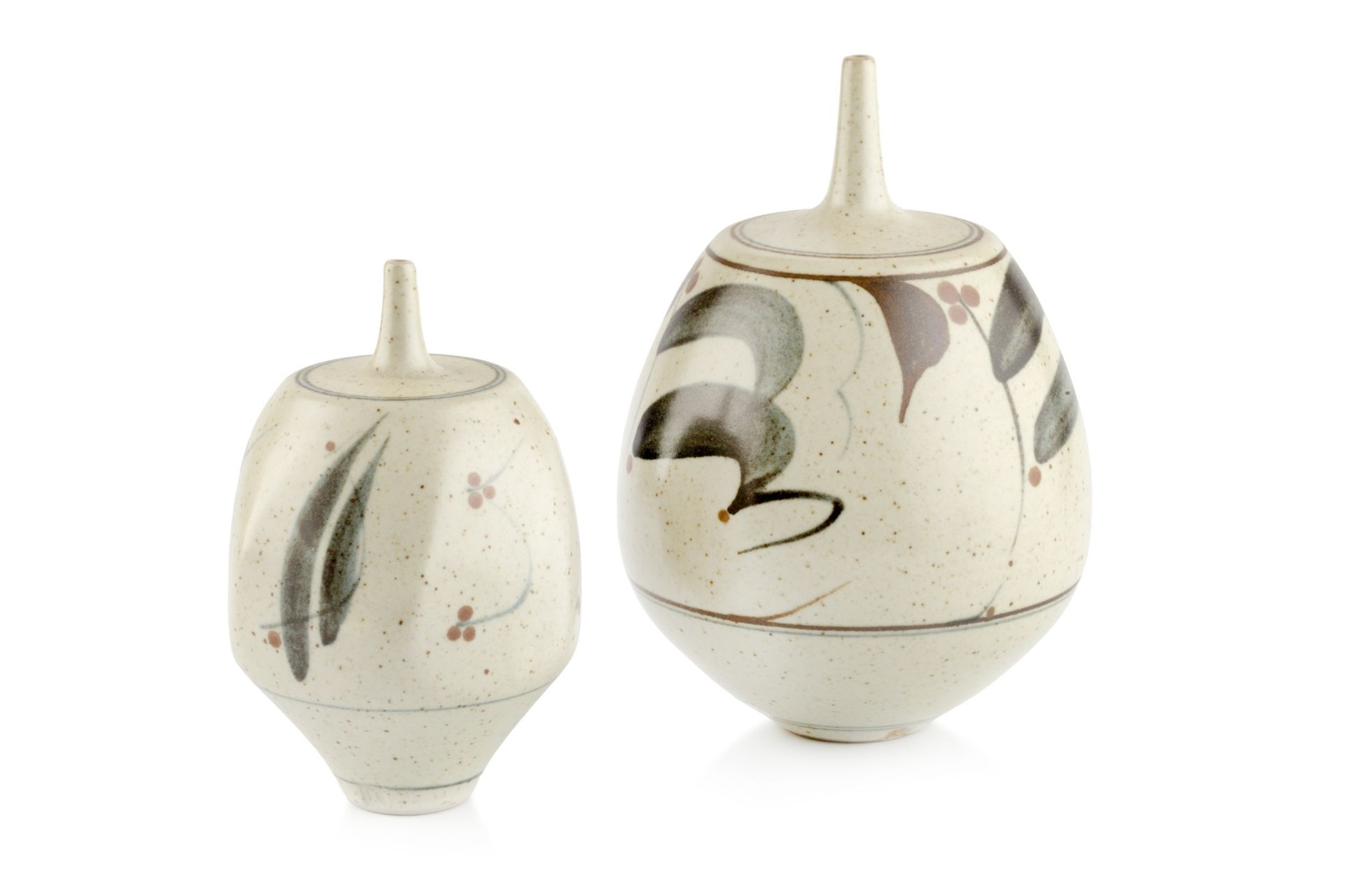 Derek Clarkson (1928-2013) Two vases each with a narrow neck and oatmeal ground with brushwork