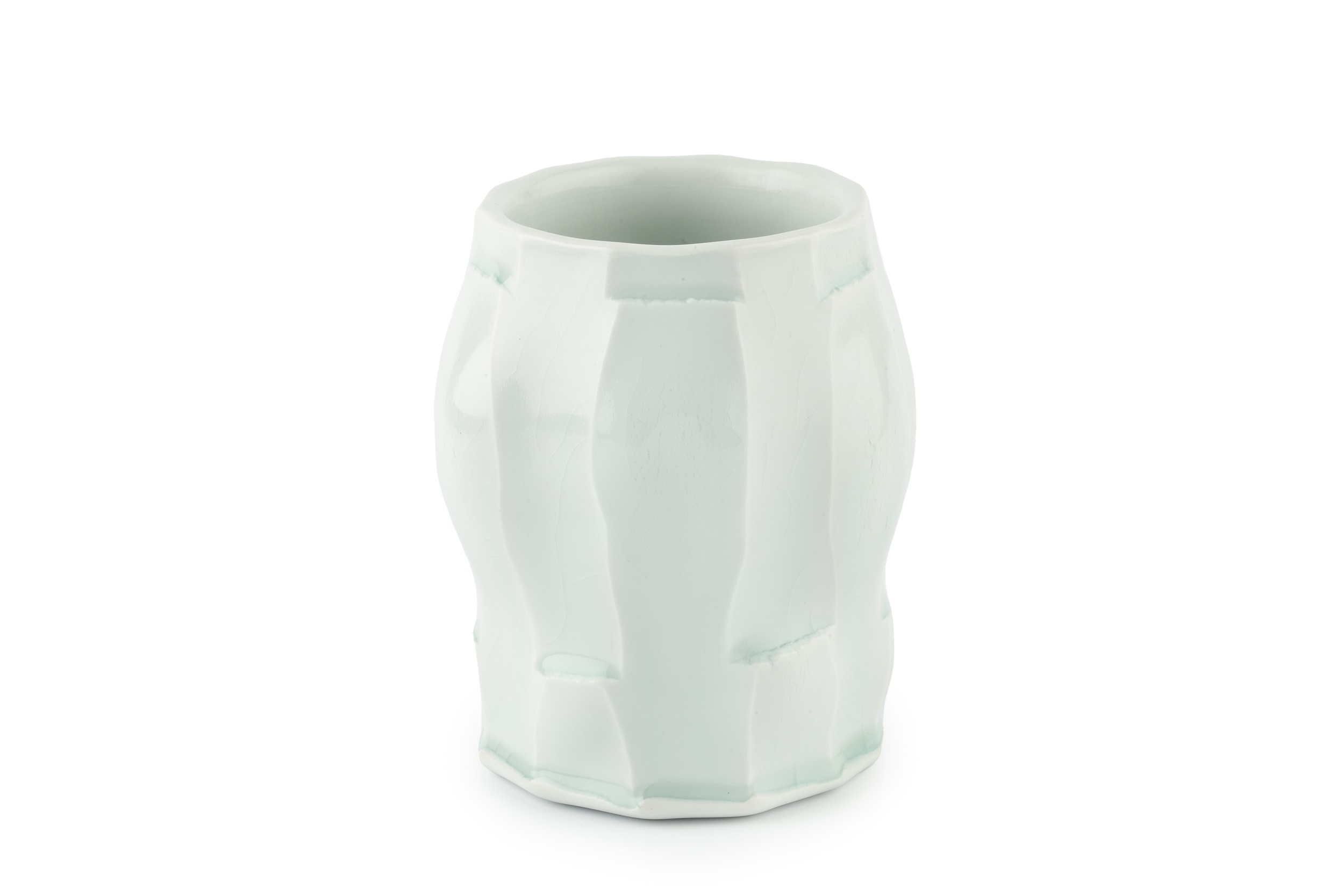 Andy Shaw (20th Century) Vessel faceted porcelain with celadon glaze impressed potter's seal 12cm