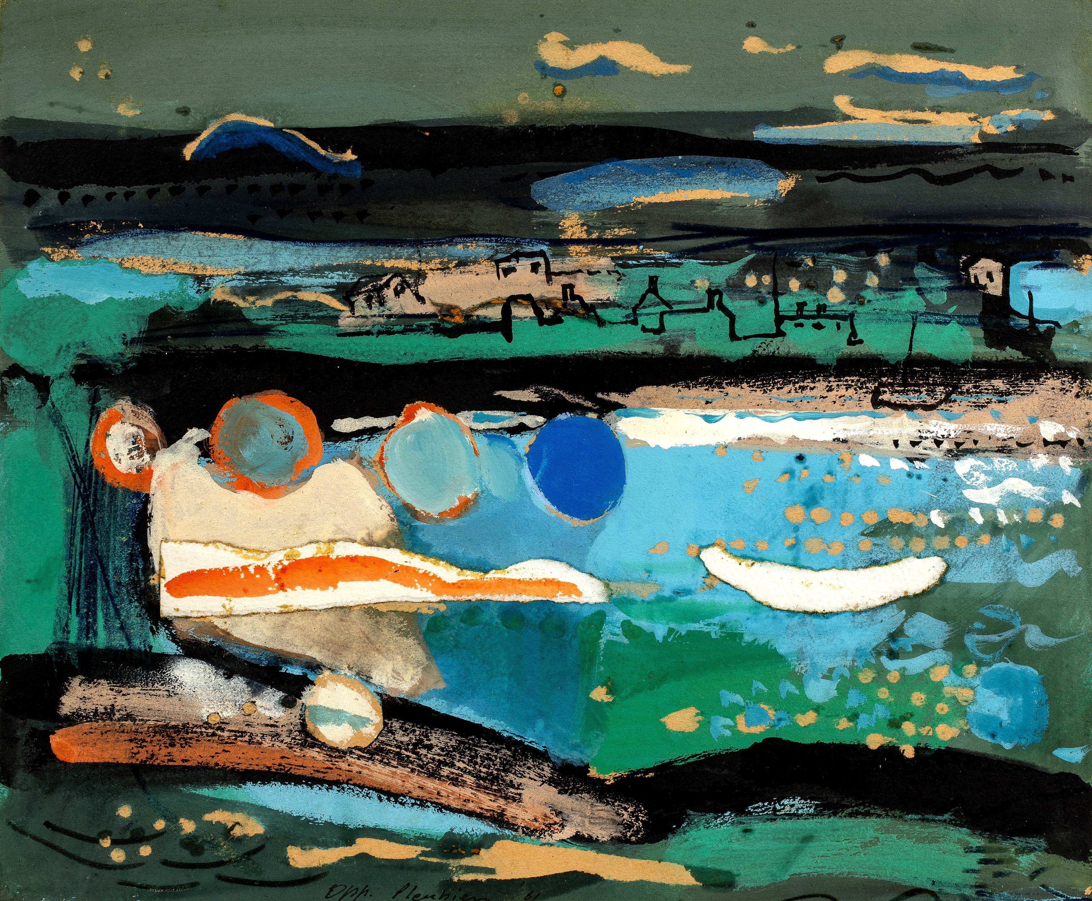 Modern British School Coastal View, 1961 inscribed 'Opp Plenbien' (lower middle) gouache and collage