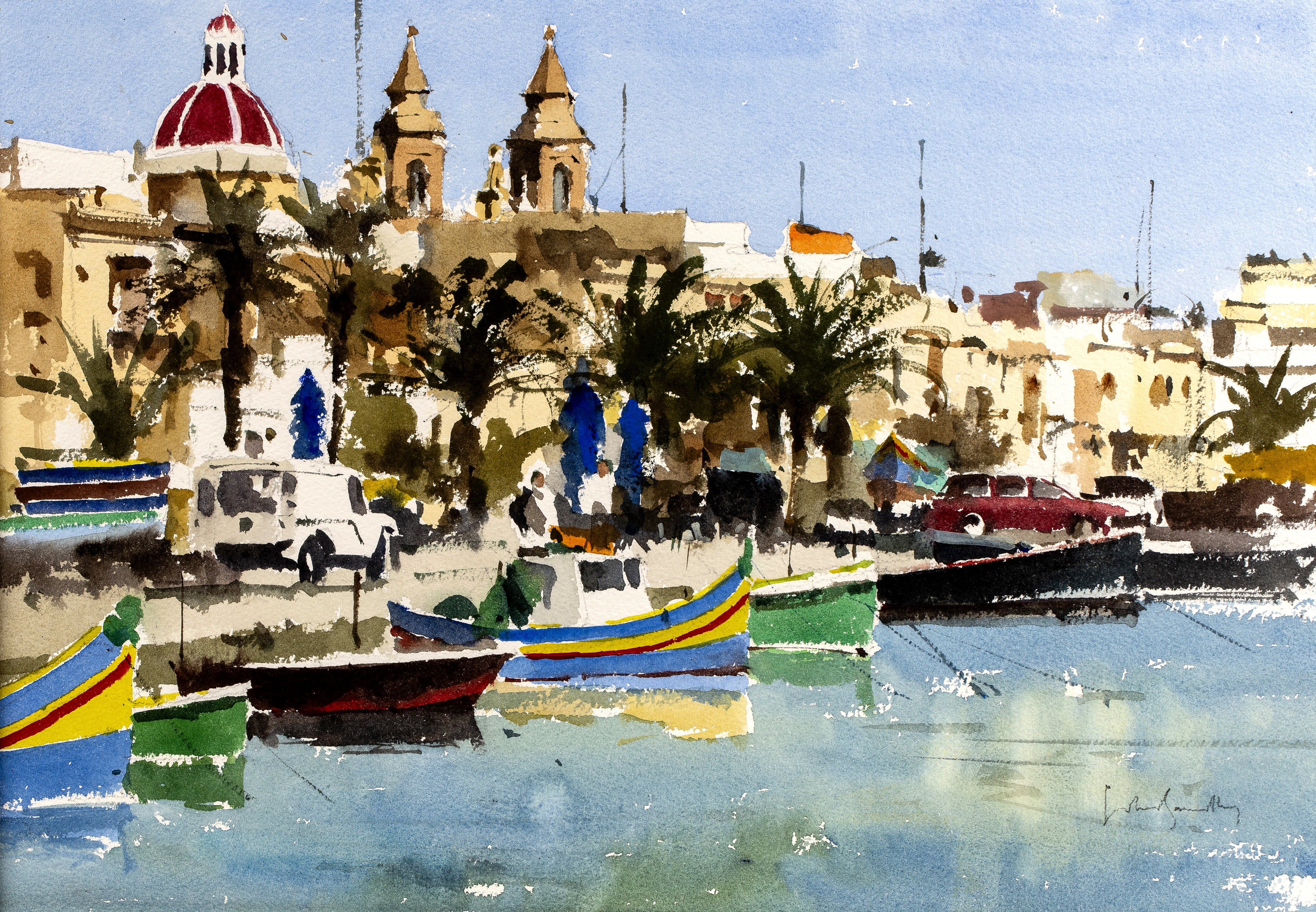 John Yardley (b.1933) Marsaxlokk Waterfront, Malta signed (lower right), titled (to reverse)