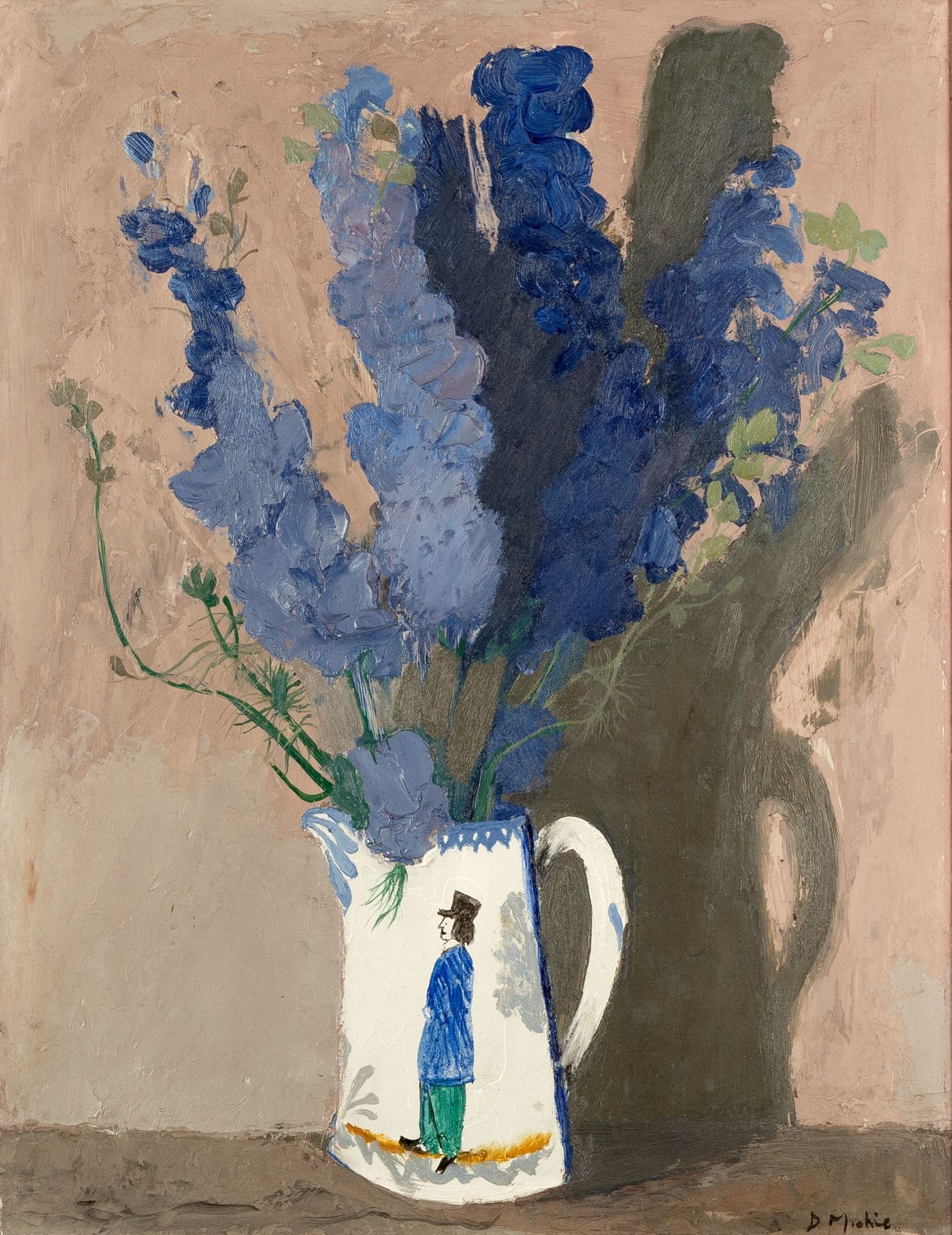 David Michie (1928-2015) Still Life with Blue Delphiniums in a Jug signed (lower right) oil on board