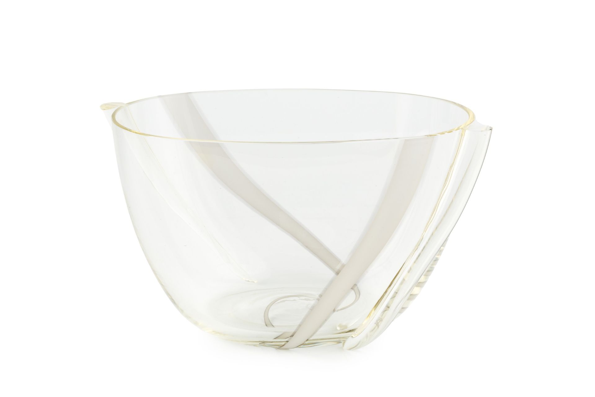 Licio Zanetti Murano glass bowl, 1986 clear glass with white stripes signed and dated 14cm high,