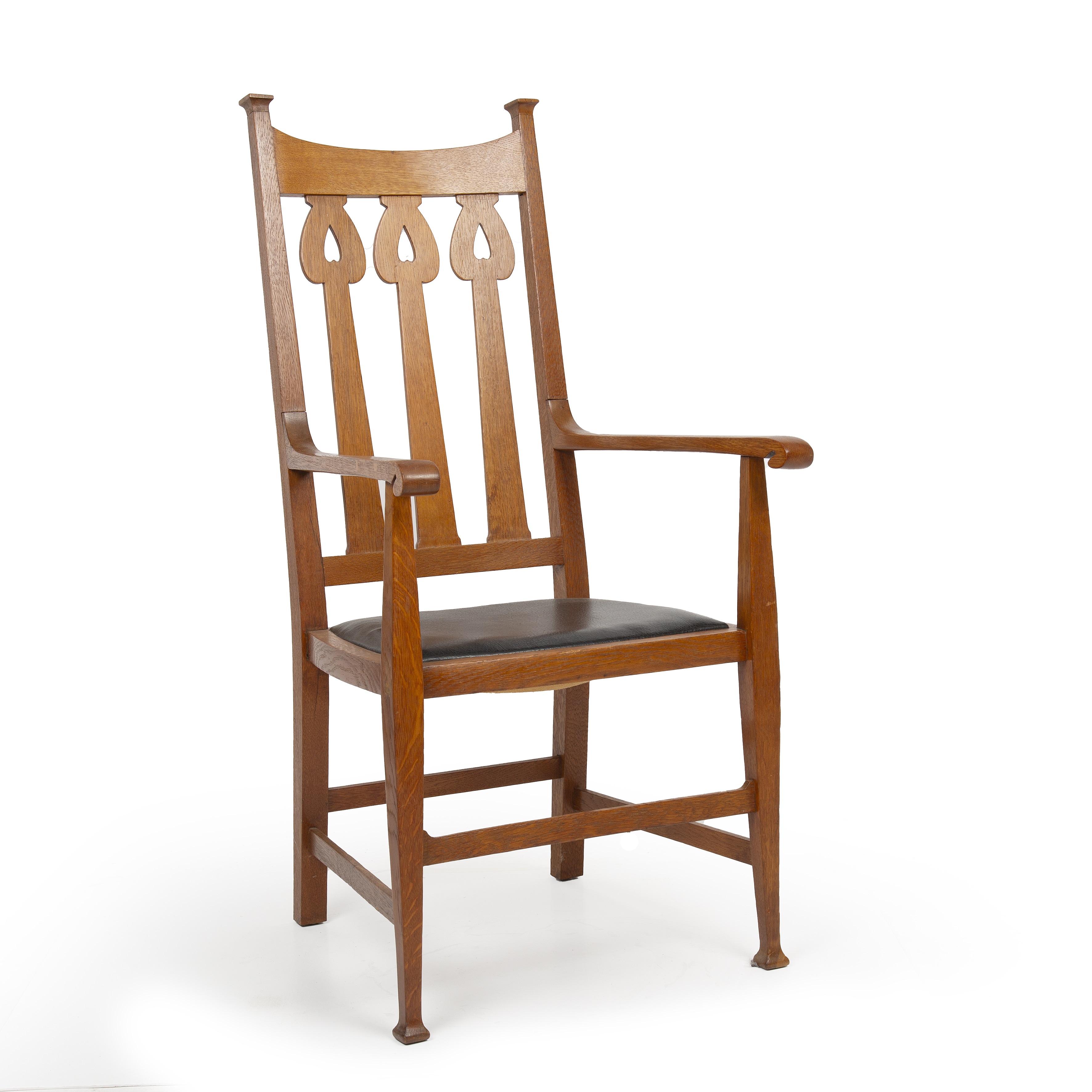 Attributed to Liberty & Co. Arts & Crafts armchair oak with leather seat 120cm high; together with - Image 2 of 4