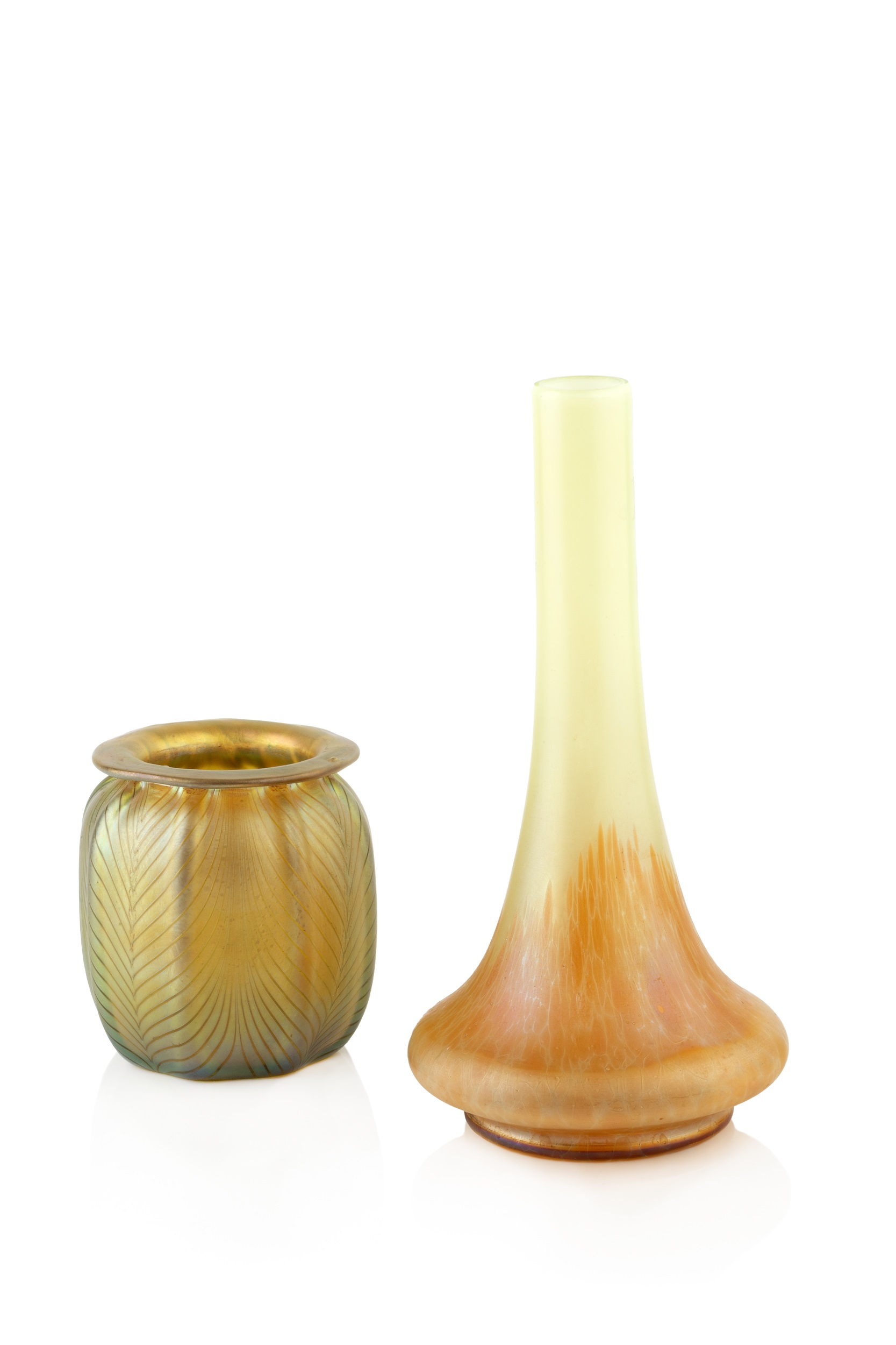 Manner of Tiffany Favrile-style glass vase etched 'L.F' 9cm high; and a similar glass bottle vase,