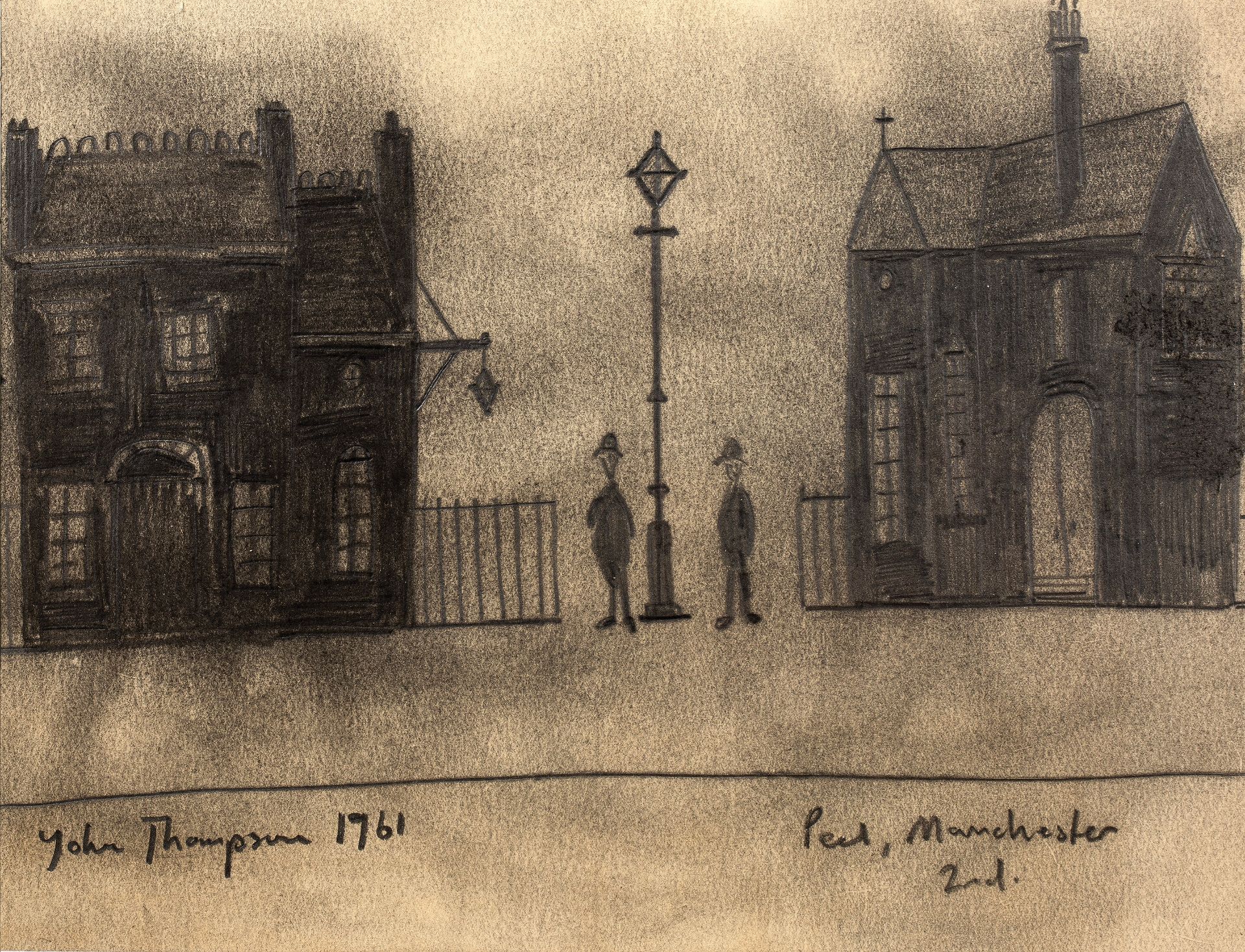 John Thompson (1924-2011) Manchester, 1961 signed, dated, and inscribed (lower) charcoal 23 x 30cm.
