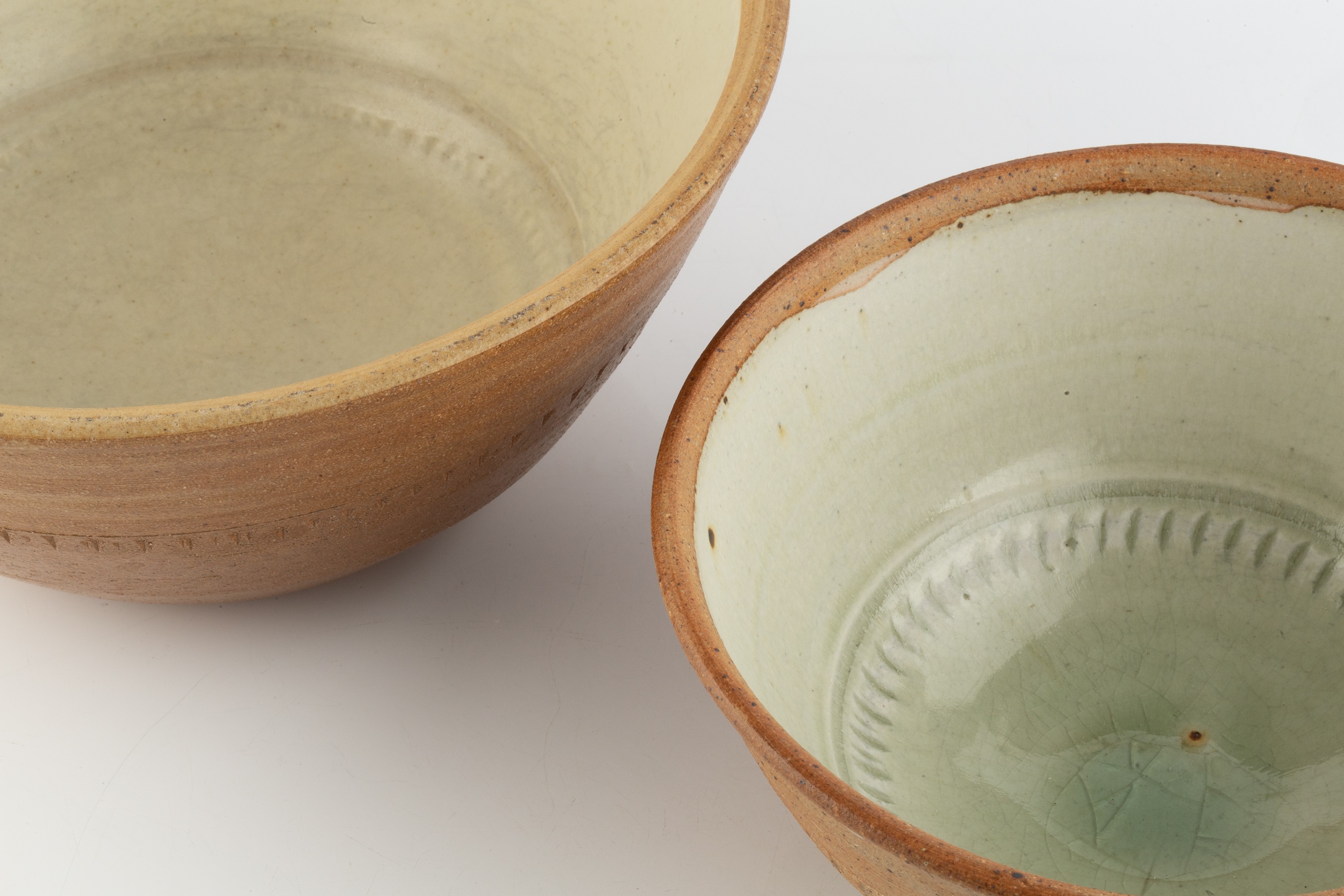 Richard Batterham (1936-2021) Two mixing bowls stoneware, the interiors with green ash glaze 28cm - Image 3 of 4