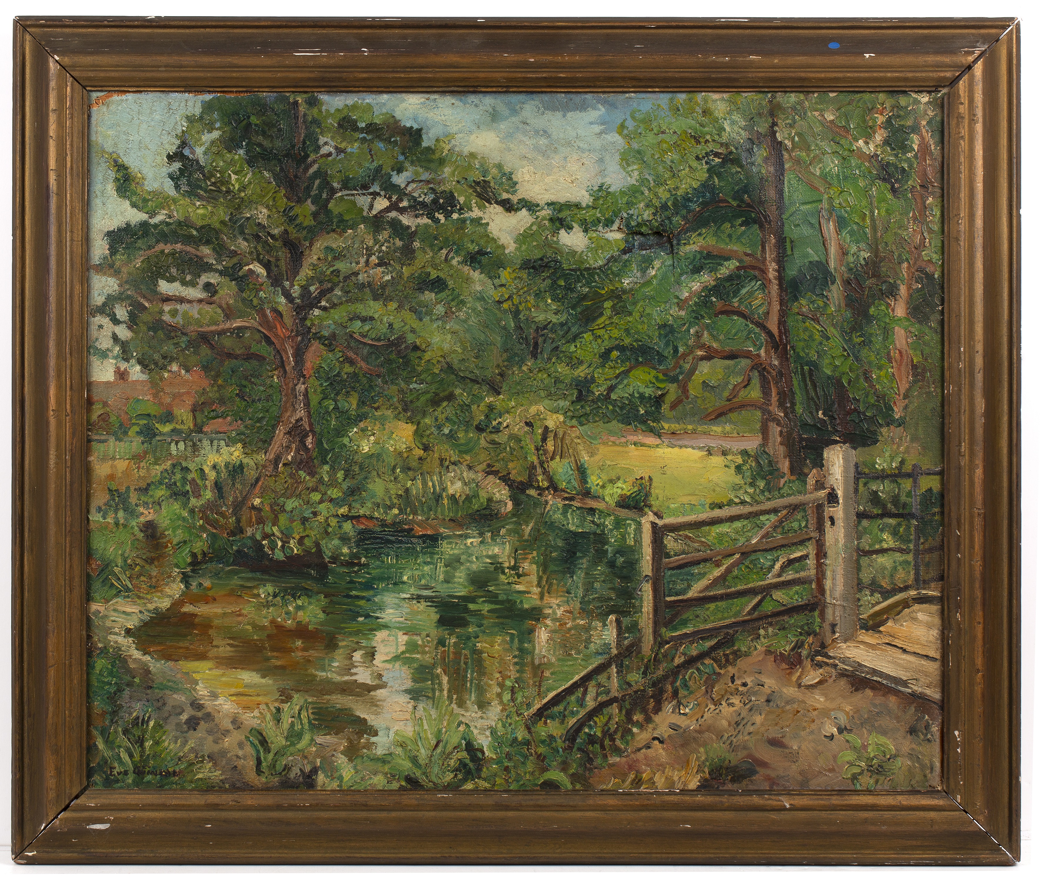 Eve Quinlan (1880-1955) Quiet Waters signed (lower left) oil on canvas 50 x 60cm. With tear. - Image 2 of 3