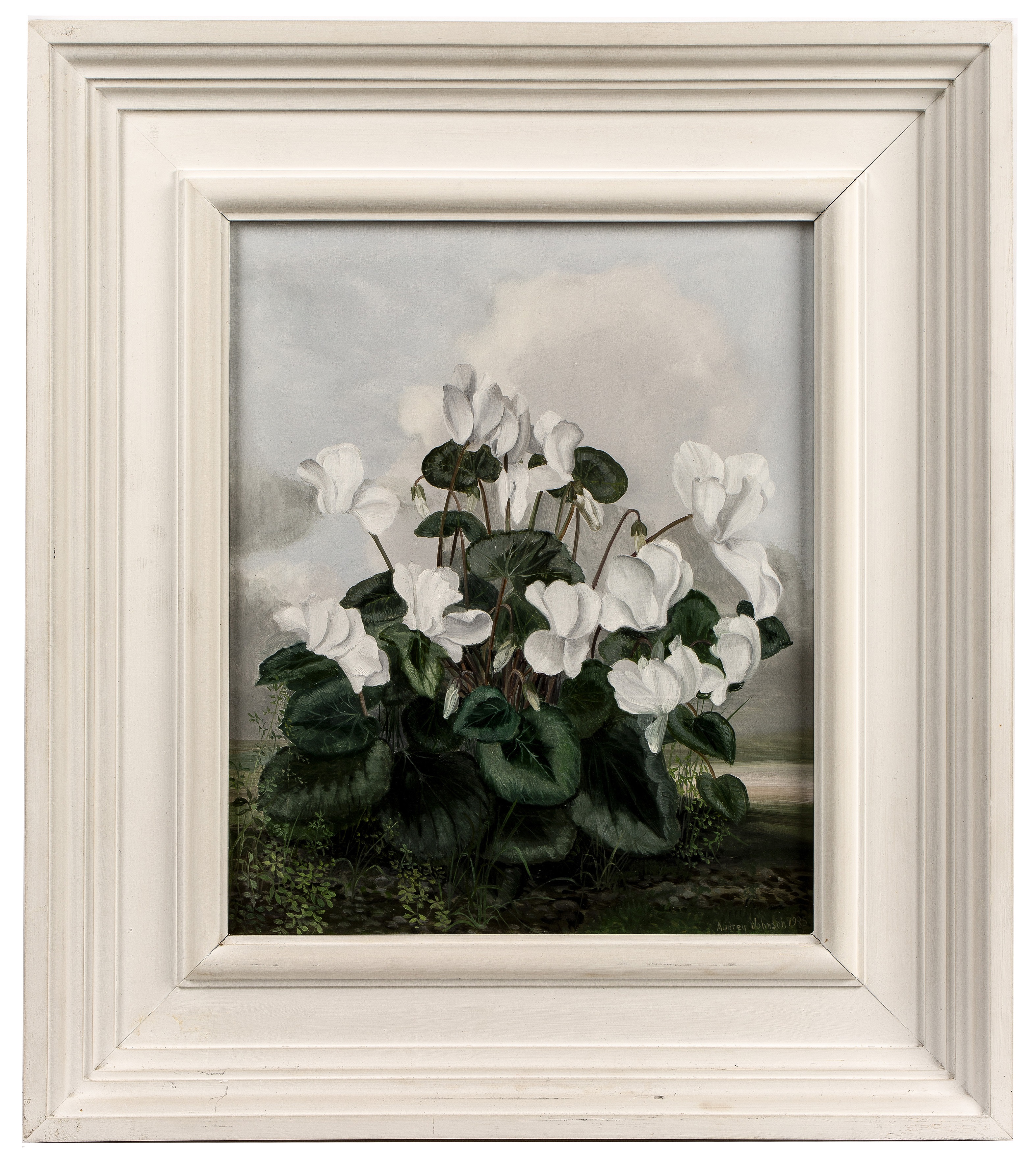 Audrey Johnson (1919-2005) Cyclamen, 1985 signed and dated (lower right) oil on board 28 x 23cm. - Image 2 of 3