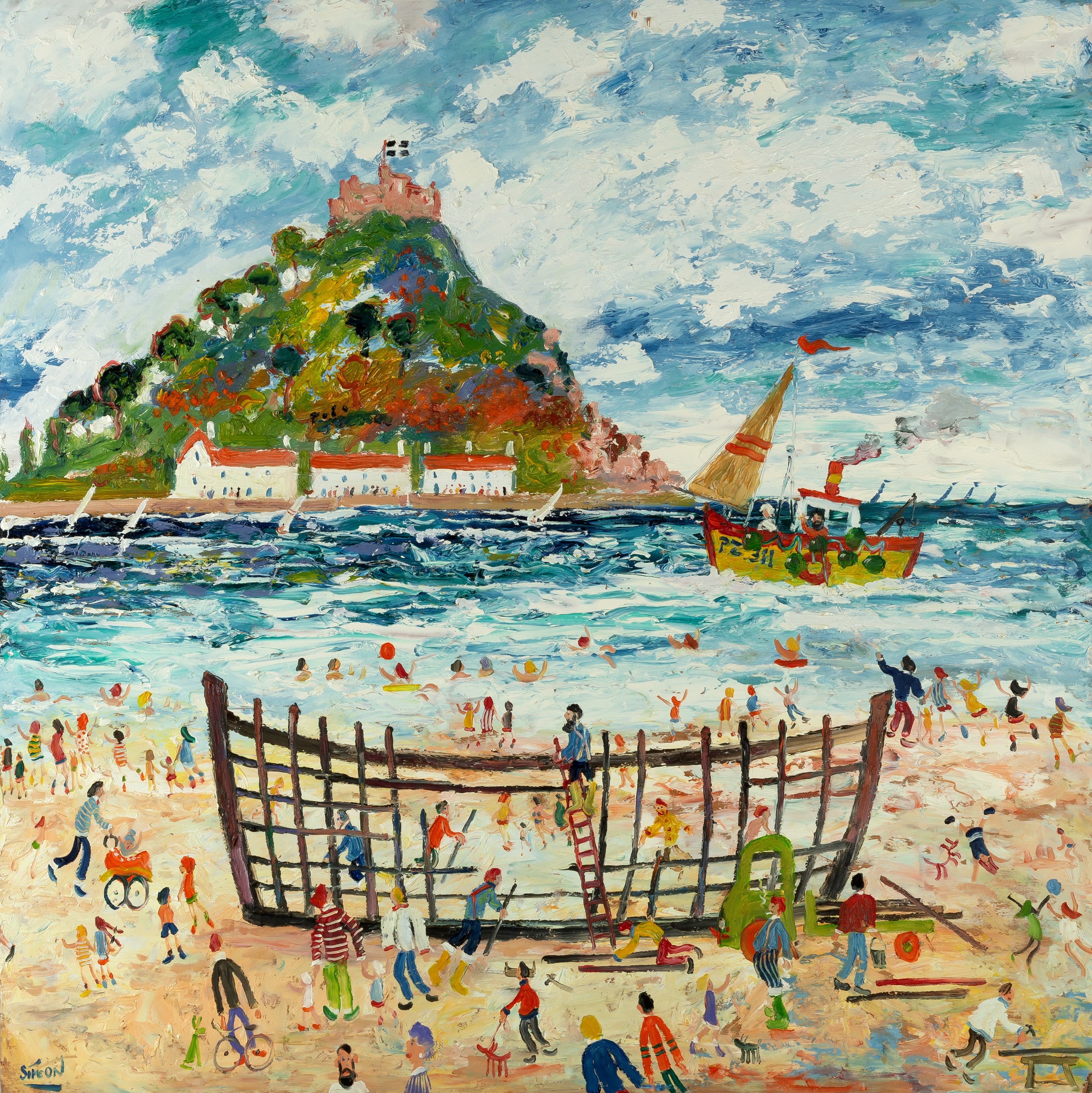 Simeon Stafford (b.1956) The Boat Builders, St Michaels Mount, 2011 signed (lower left), titled