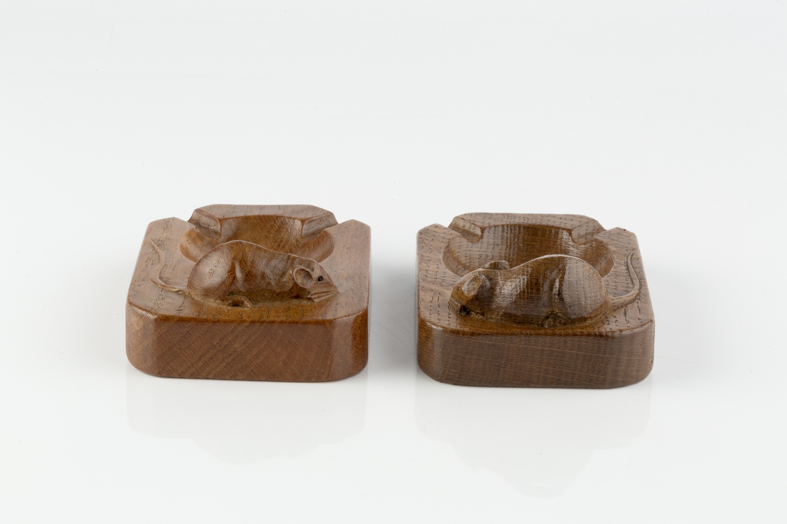 Robert Thompson of Kilburn (1876-1955) Pair of Mouseman ashtrays, circa 1960 oak carved mouse - Image 3 of 4