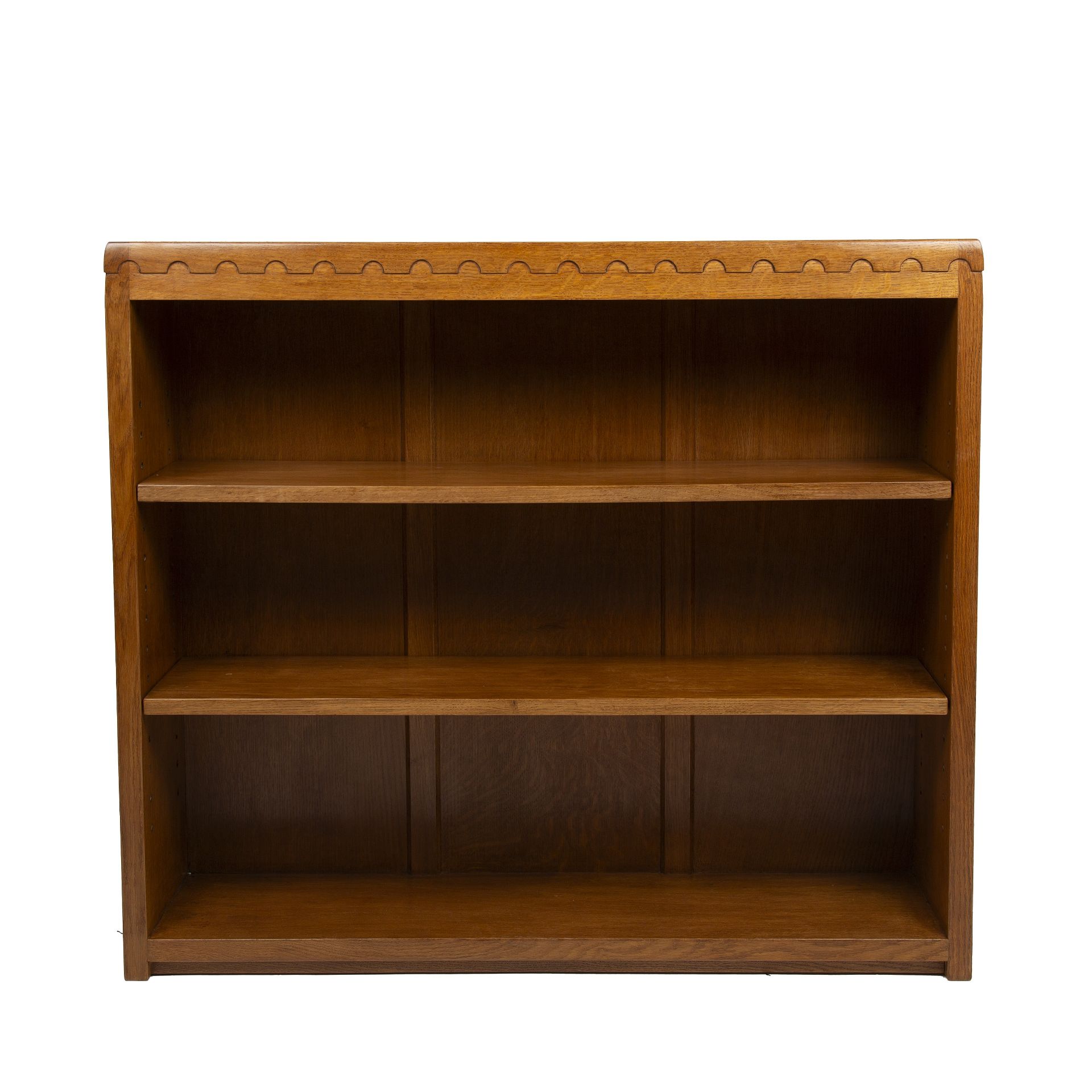 Robert Thompson of Kilburn (1876-1955) Mouseman open bookcase, circa 1970 oak, with halfpenny