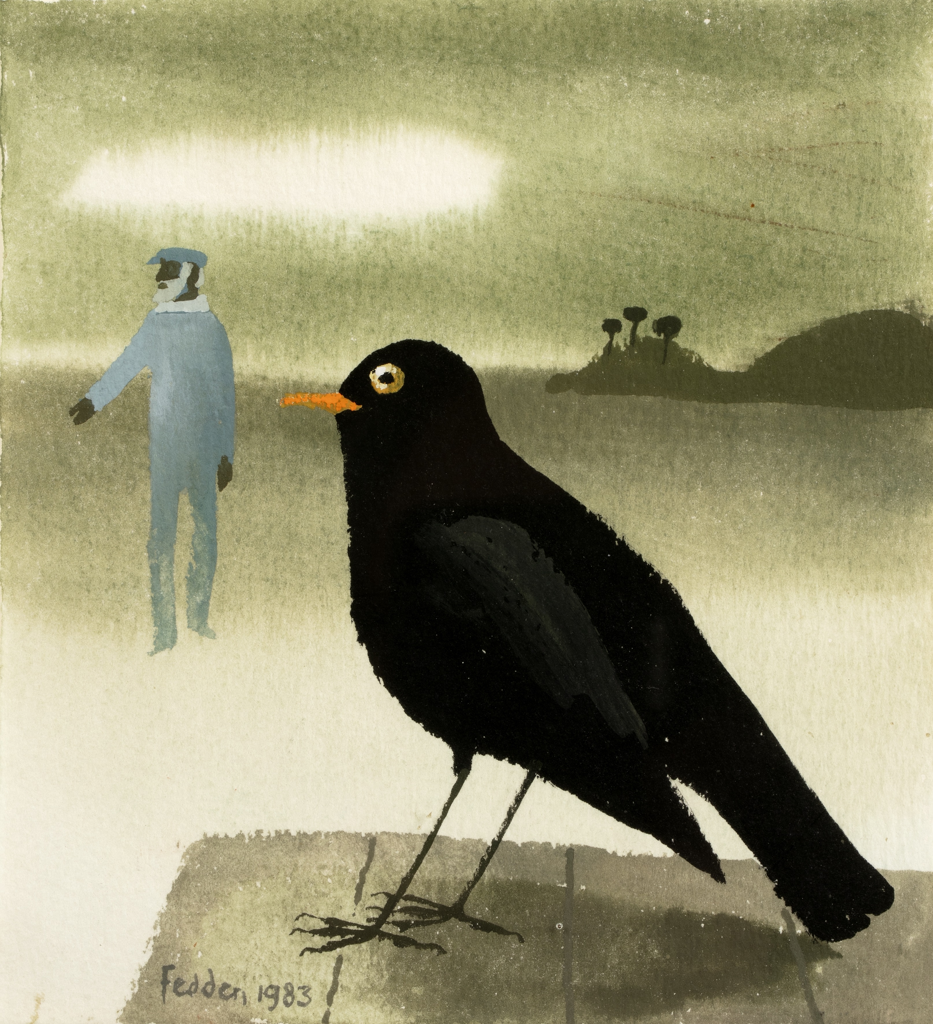 Mary Fedden (1915-2012) Man (Julian Trevelyan) and Blackbird, 1983 signed and dated (lower left),