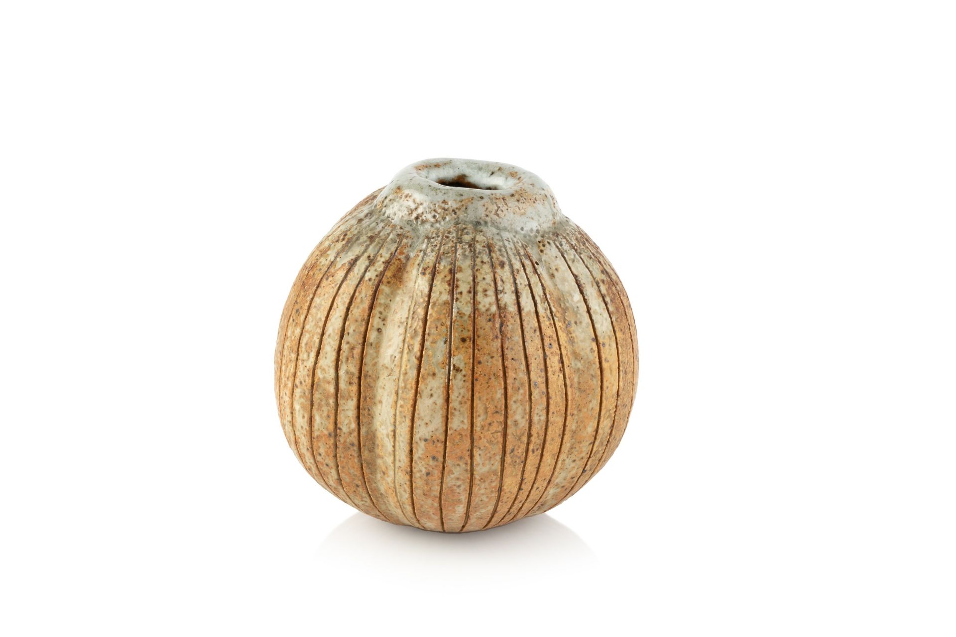 Alan Wallwork (1931-2019) Seedpod form vessel stoneware incised initials 12.5cm high.