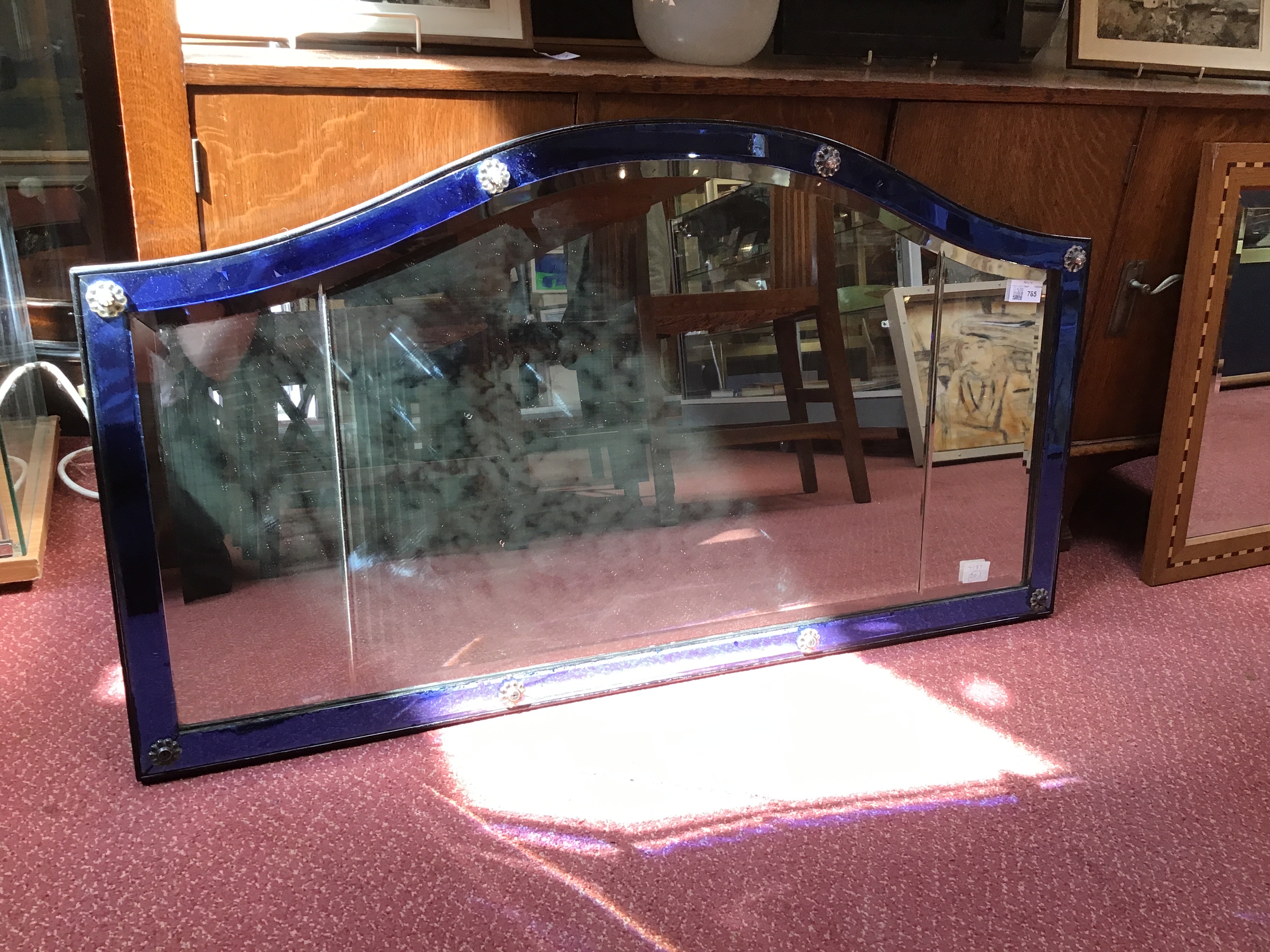 Art Deco Mirror, circa 1920 with blue glass border 51 x 121cm. There is glass in this. Length 91.5cm - Image 12 of 13