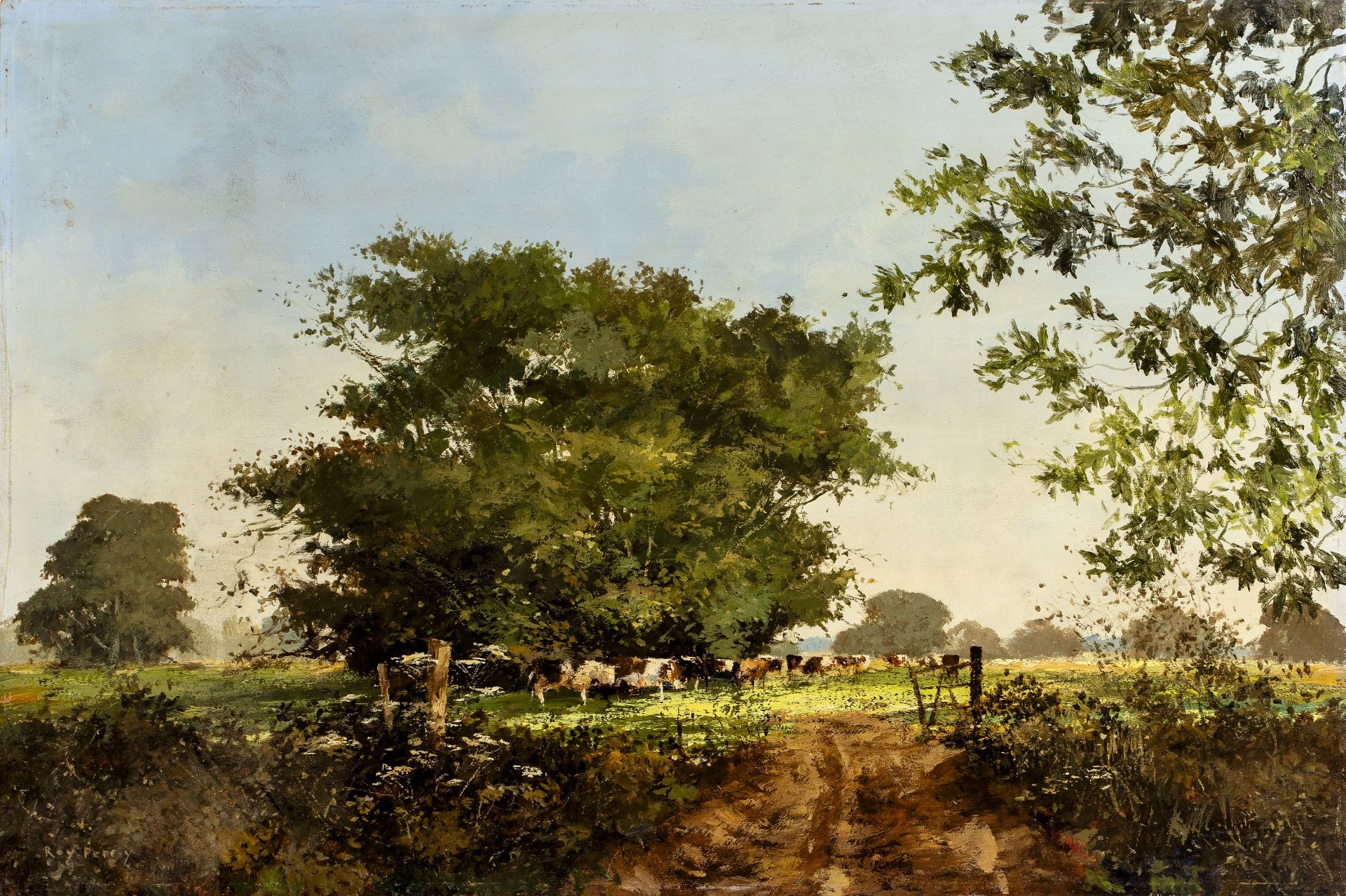 Roy Perry (1935-1993) Cattle at the Loddon signed (lower left) oil on board 46 x 68cm, unframed.