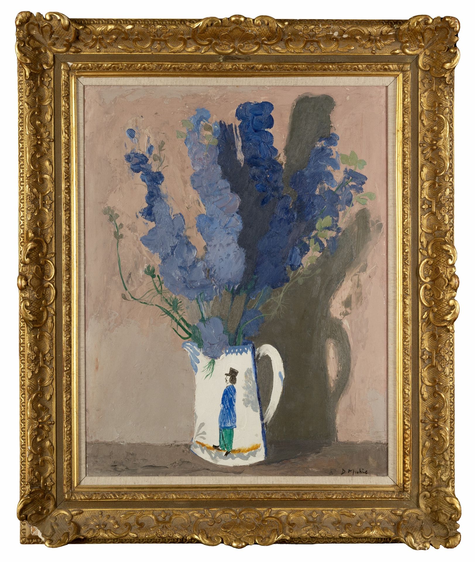 David Michie (1928-2015) Still Life with Blue Delphiniums in a Jug signed (lower right) oil on board - Image 2 of 3