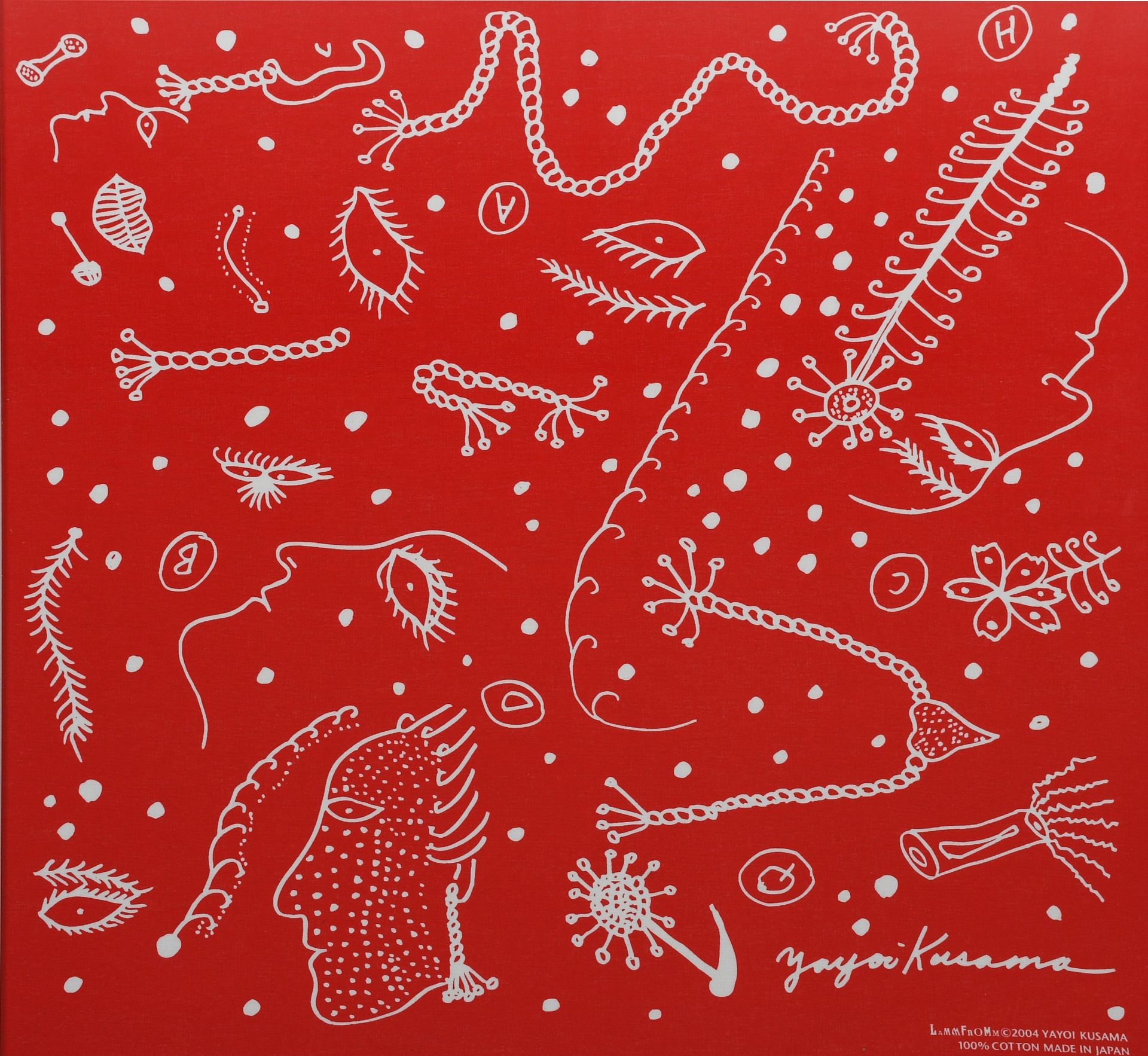Yayoi Kusama (b.1929) Faces (Red), 2004 screenprinted fabric 51 x 51cm.