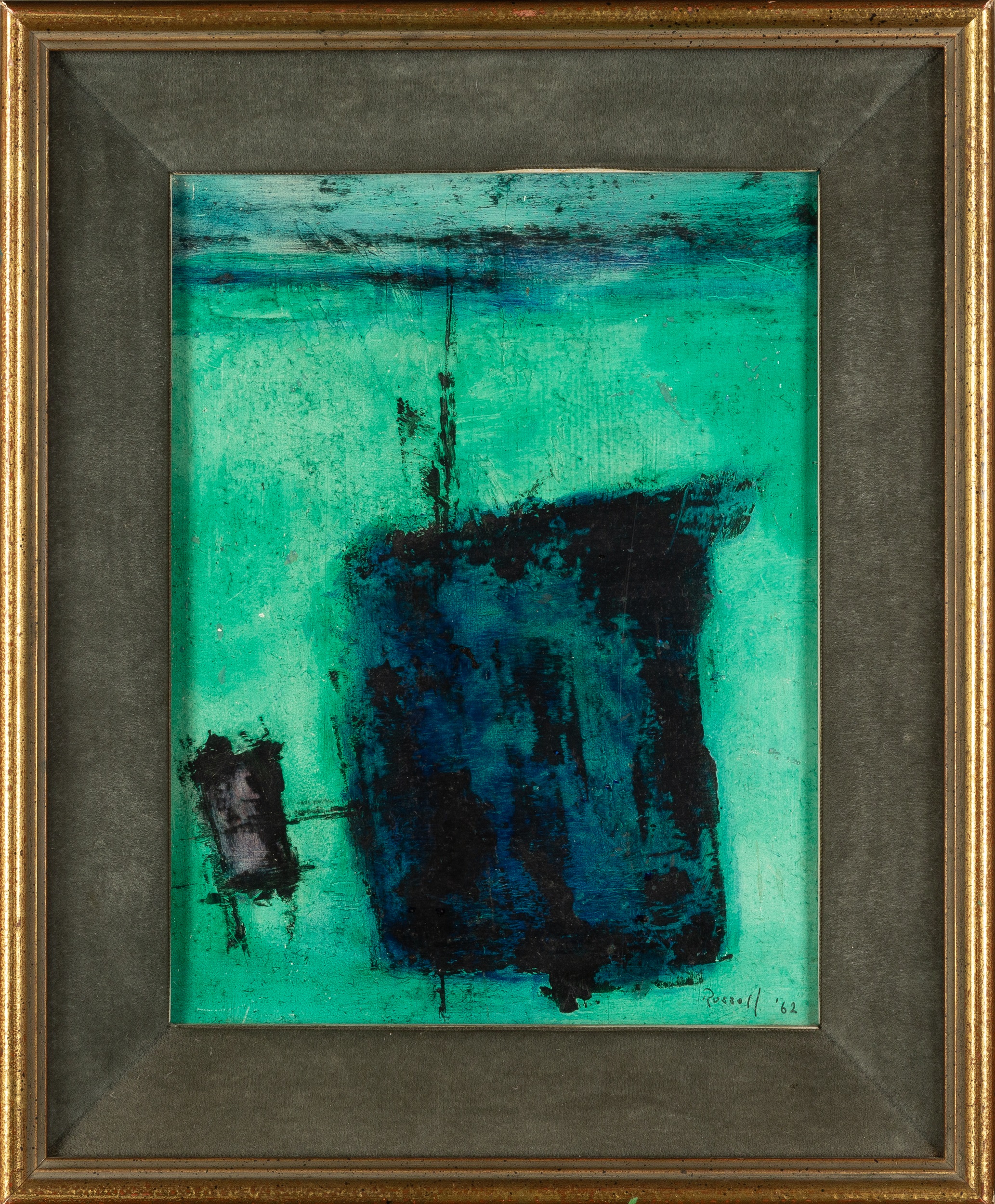 Ron Russell (1923-1994) Blue and Green, 1962 signed and dated (lower right) oil on board 28 x 22cm. - Image 2 of 3