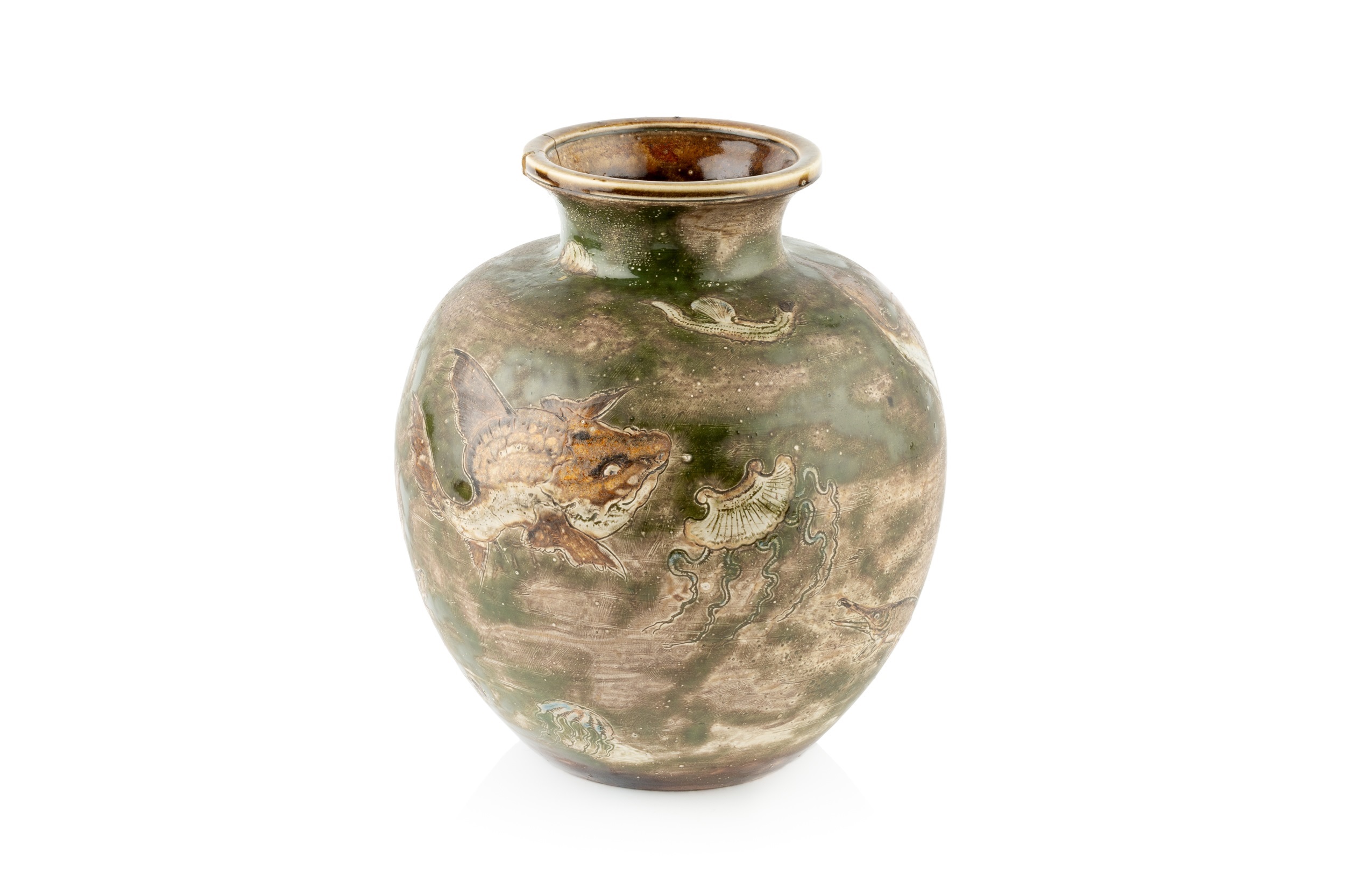 Martin Brothers Aquatic Vase, March 1903 salt-glaze with incised fish against green ground incised