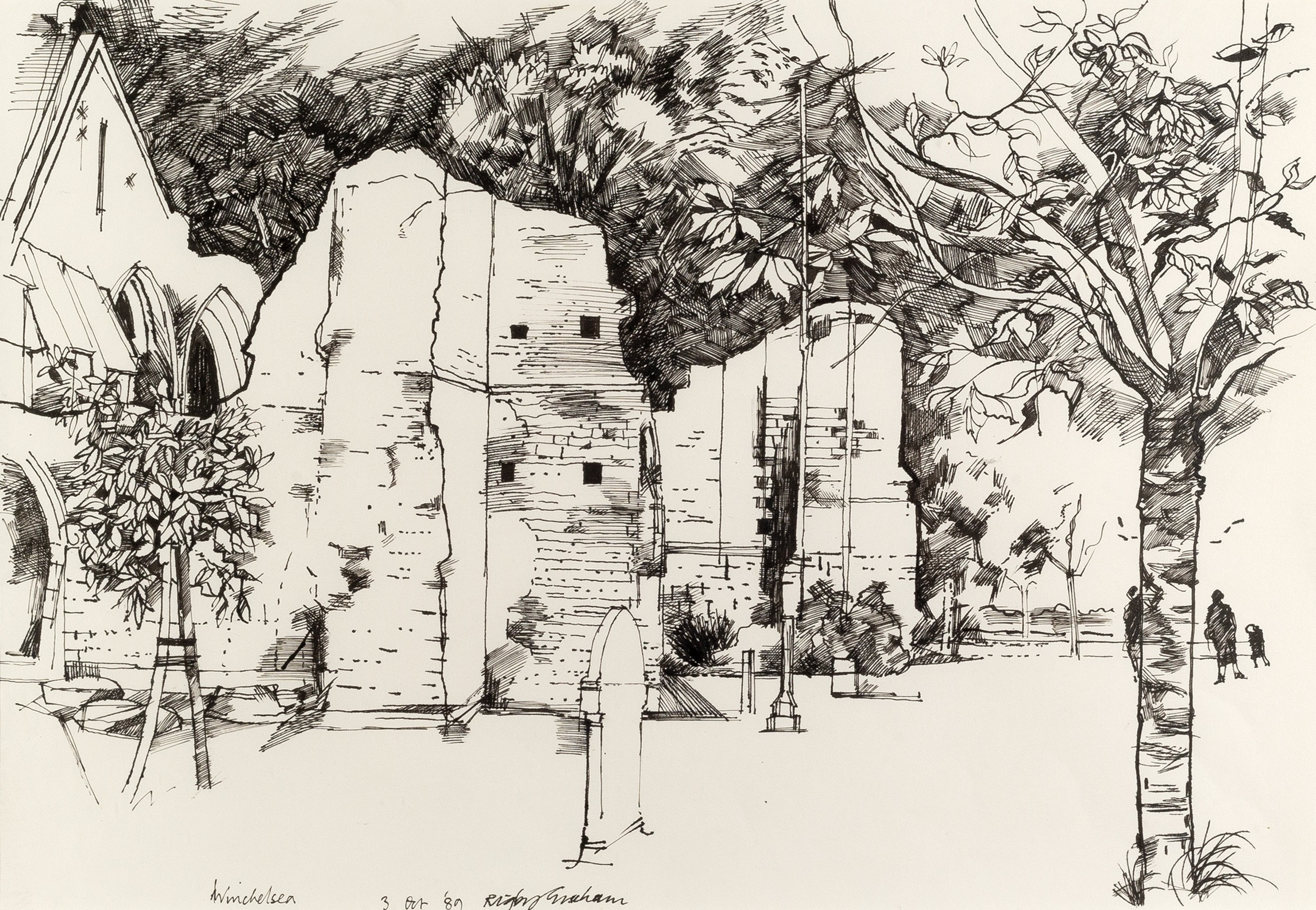 Rigby Graham (1931-2015) Winchelsea, 1989 signed, titled, and dated (lower) pen and ink 30 x 40cm.