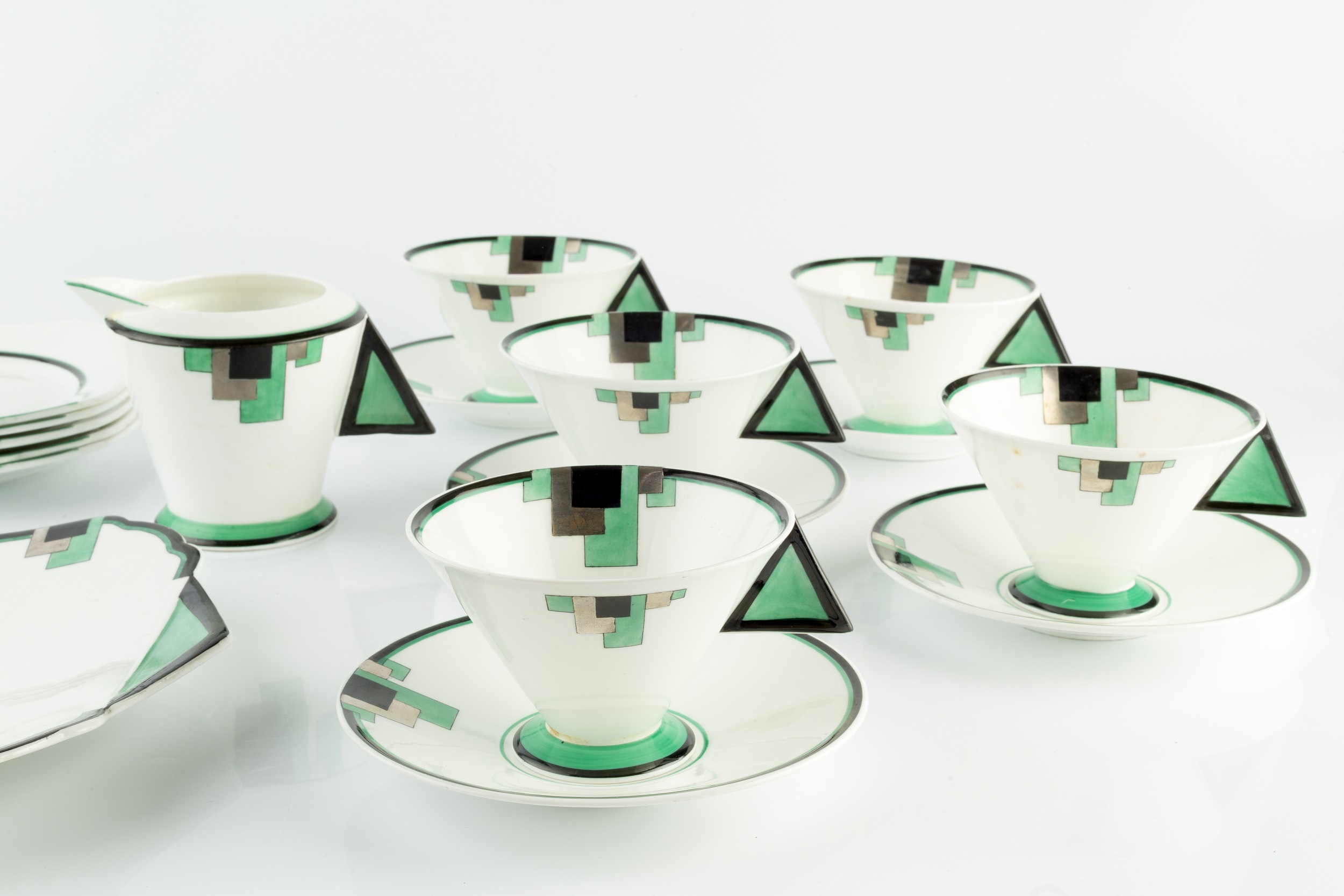 Eric Slater (1902-1984) for Shelley Art Deco tea service, circa 1930 Green Block pattern with - Image 3 of 4
