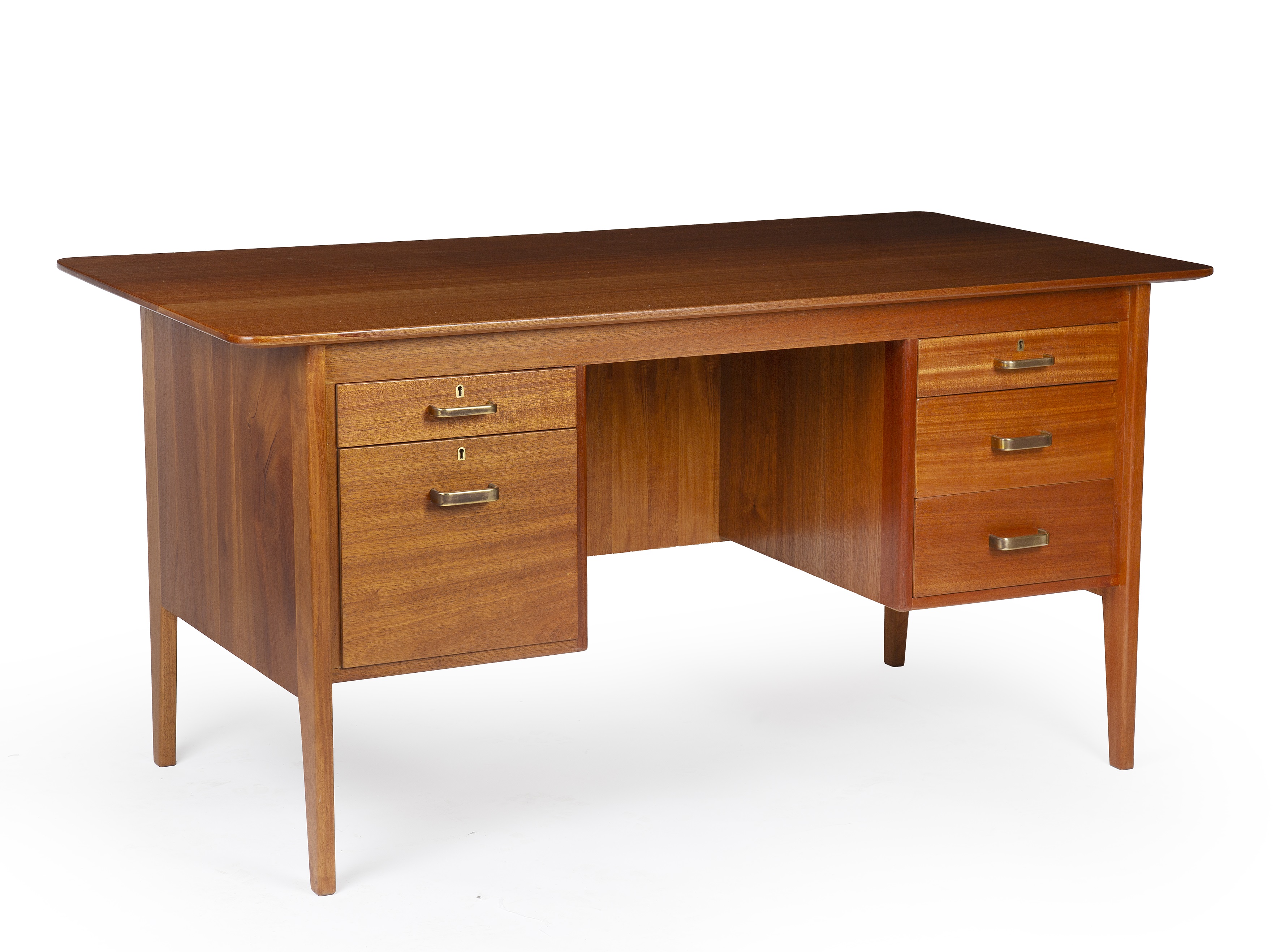 Gordon Russell desk 76cm high, 152cm wide. Stains to upper internal drawers. Key present. Stable and