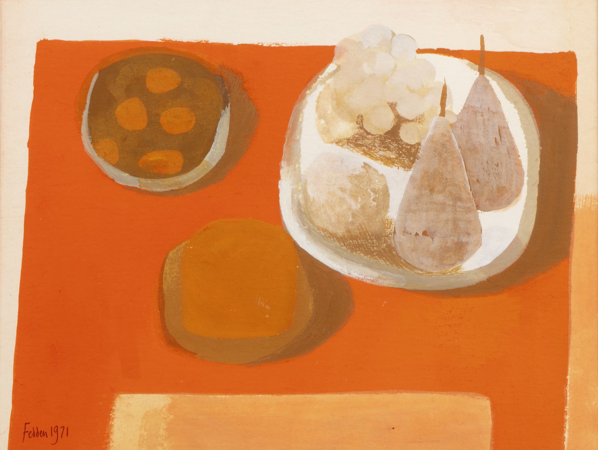 Mary Fedden (1915-2012) Still Life of Fruit on an Orange Cloth, 1971 signed and dated (lower left)