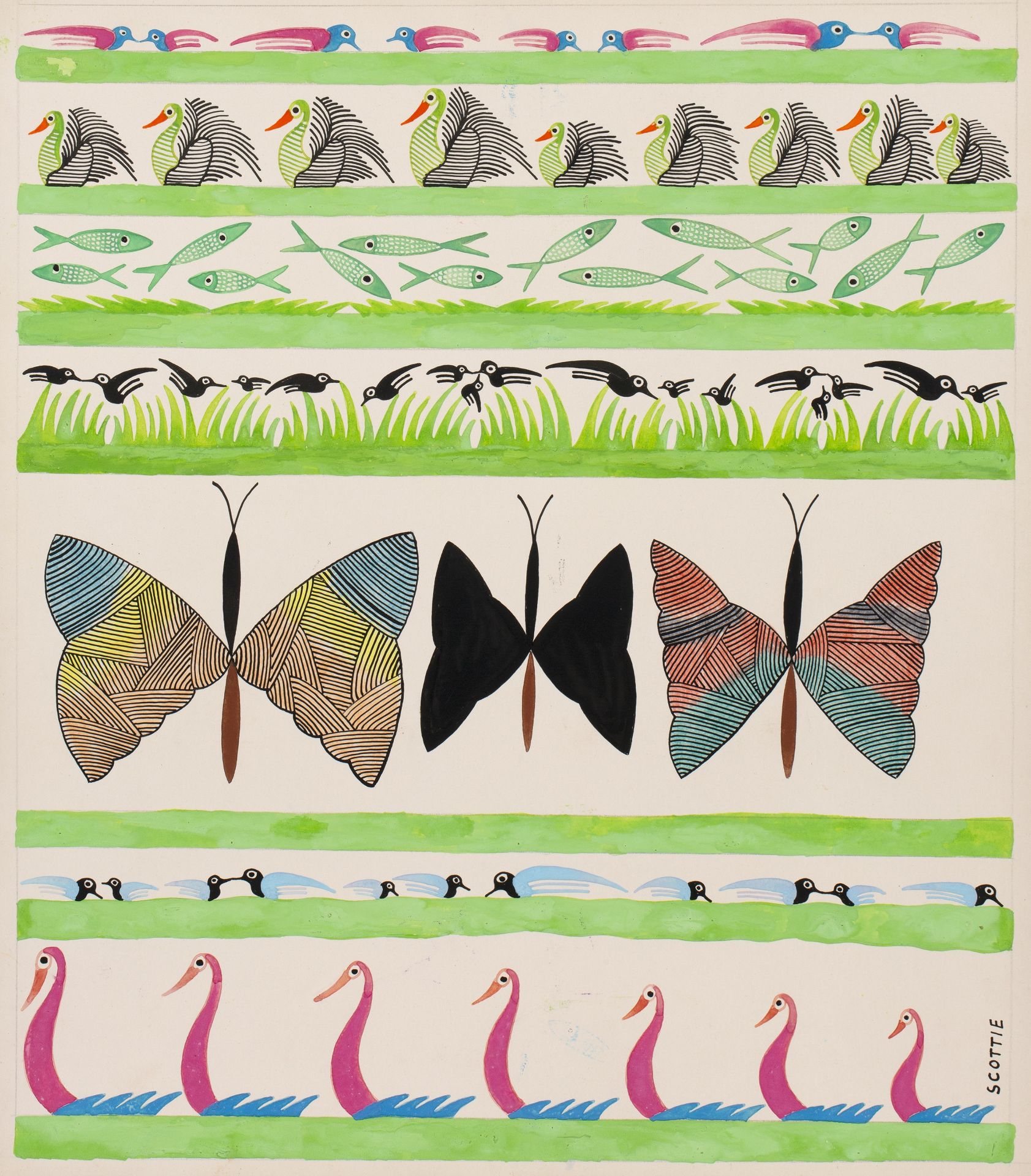 Scottie Wilson (1888-1972) Three similar untitled works depicting rows of butterflies, birds, and - Bild 3 aus 3