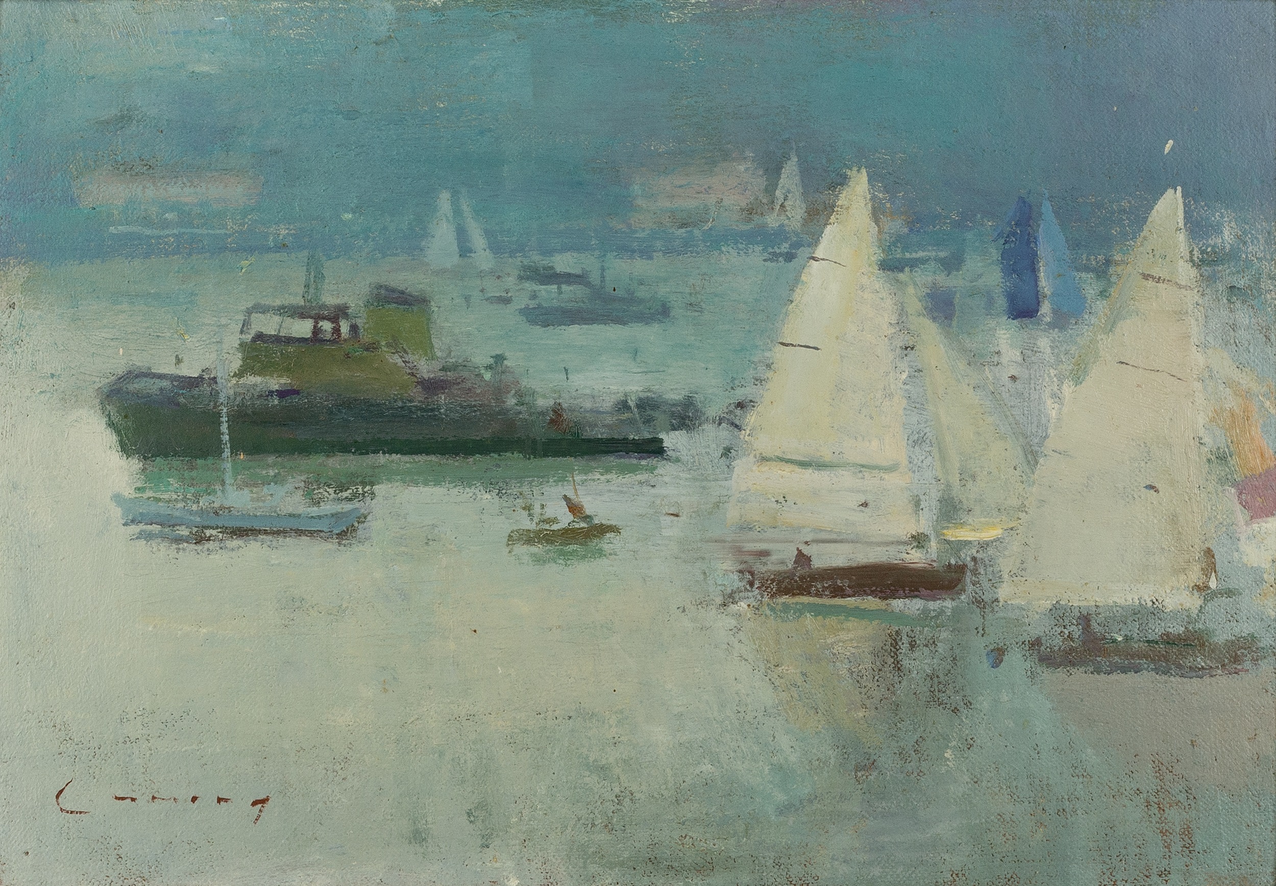 Fred Cuming (1930-2022) Boats signed (lower left) oil on board 19.5 x 28.2cm. The painting and board