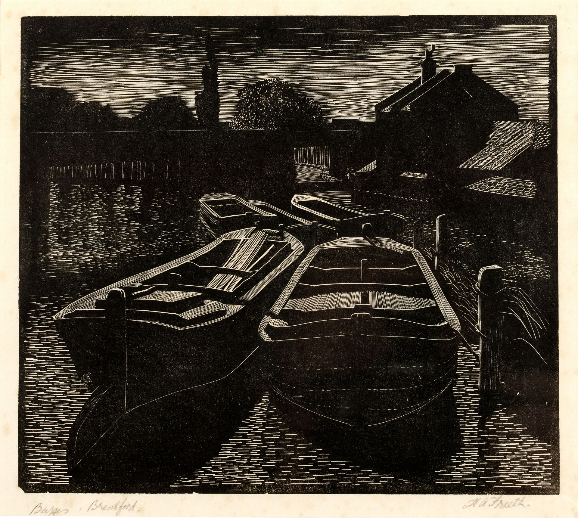 Hubert Andrew Freeth (1912-1986) Barges, Brentford signed and titled in pencil (in the margin)