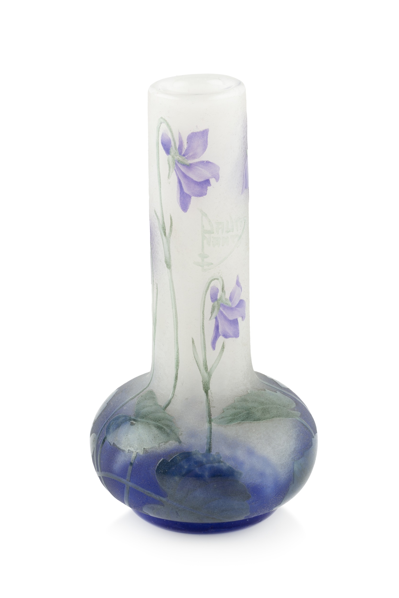 Daum Nancy Miniature vase, circa 1910 inlaid cameo glass, decorated with violet flowers signed