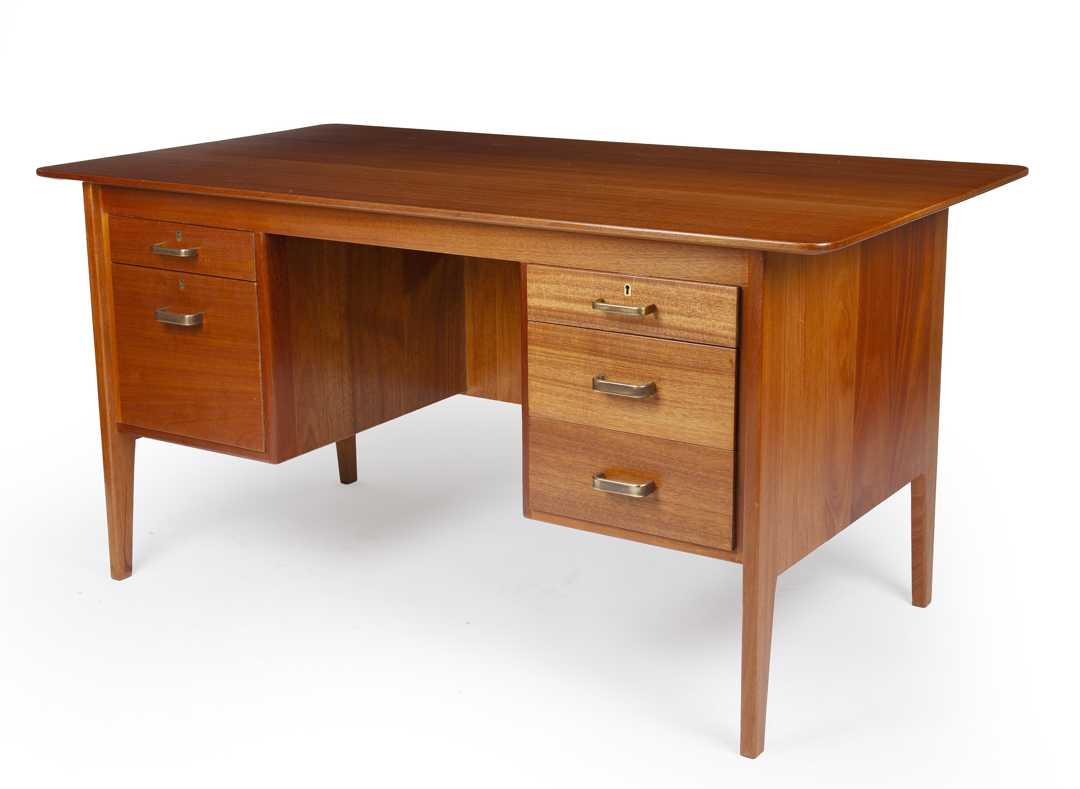 Gordon Russell desk 76cm high, 152cm wide. Stains to upper internal drawers. Key present. Stable and - Image 2 of 10