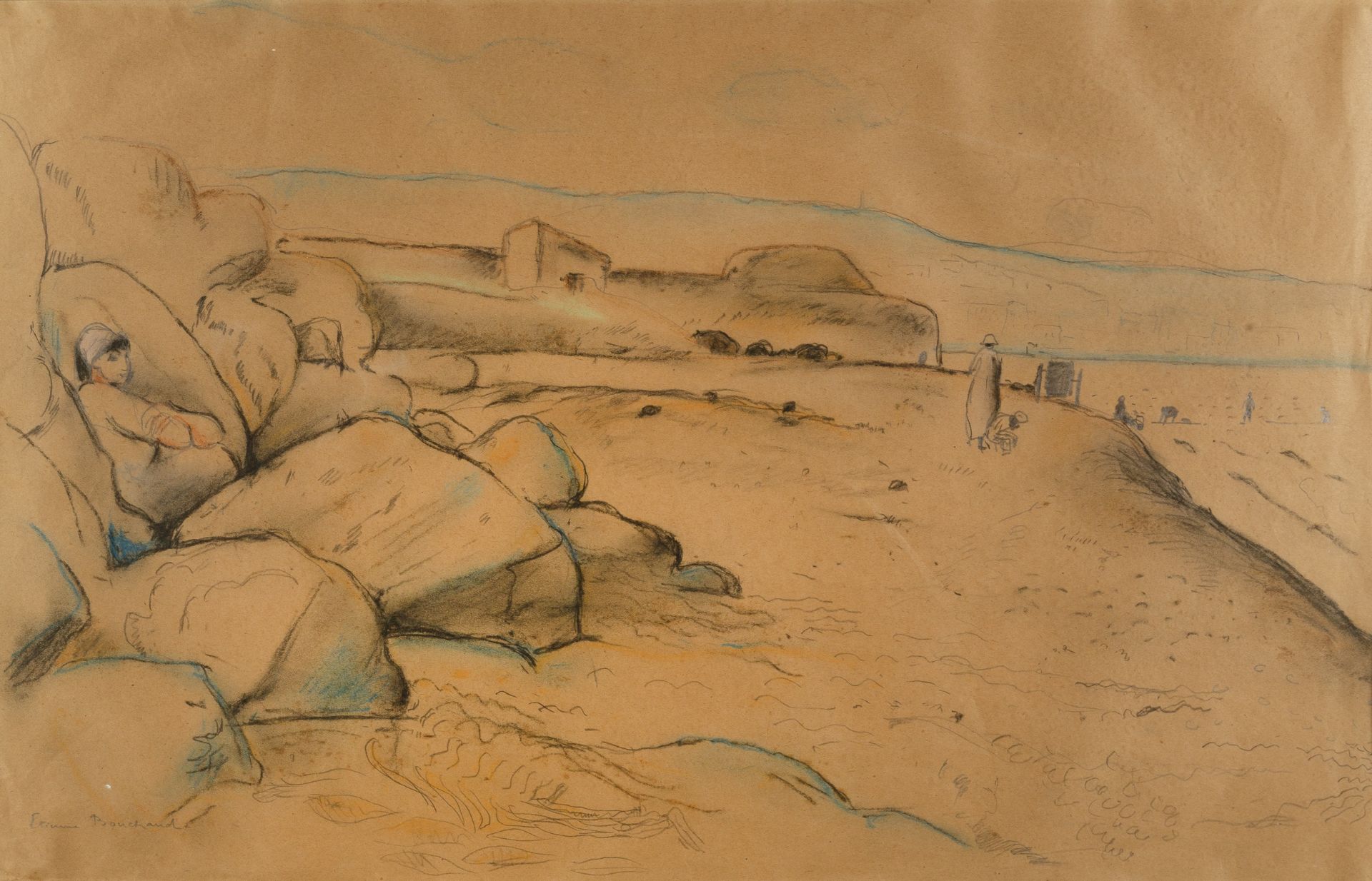 Etienne Bouchaud (1898-1989) Beach Scene signed (lower left) pencil and coloured chalk 32 x 50cm.