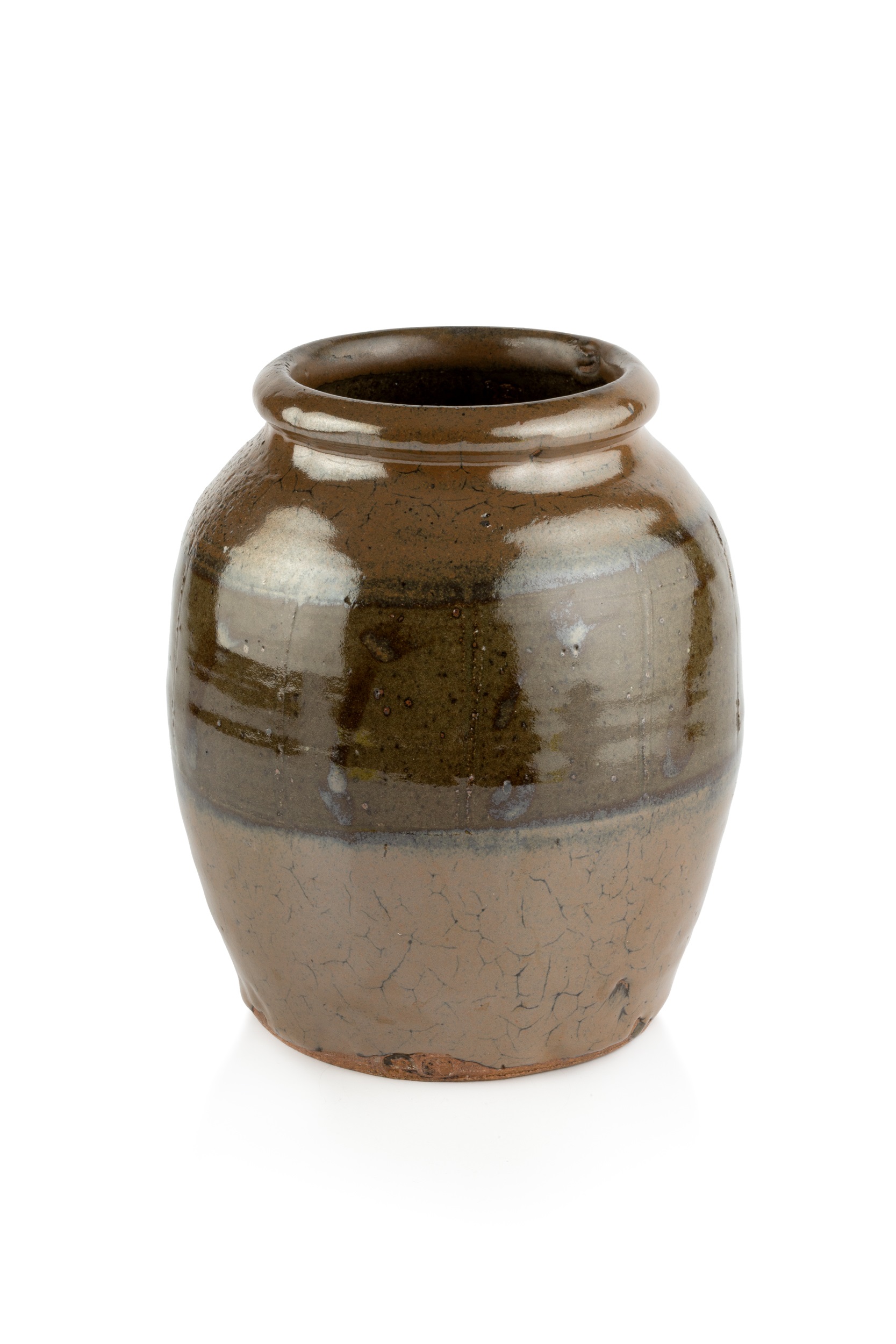 Leach Pottery Vase stoneware, the green and brown glaze with brushwork lines impressed potter's seal