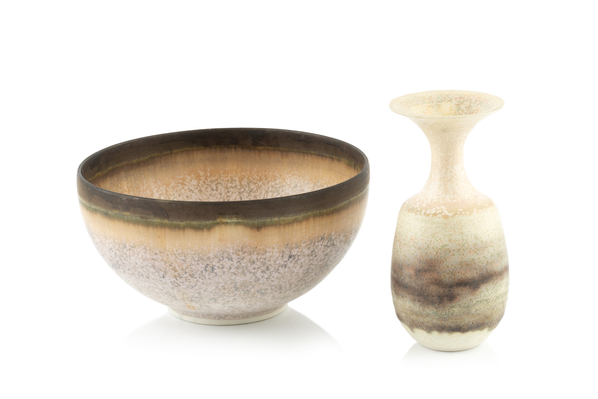Hazel Johnston (1933-2011) Vase and bowl mottled cream glazes both with impressed potter's seal vase