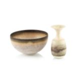 Hazel Johnston (1933-2011) Vase and bowl mottled cream glazes both with impressed potter's seal vase