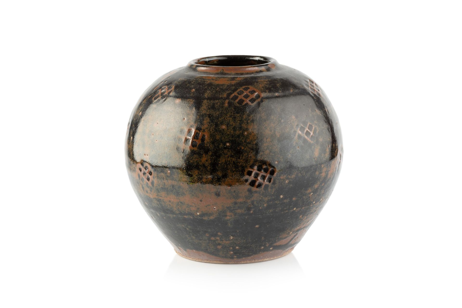 William 'Bill' Marshall (1923-2007) Vase tenmoku and iron glaze with impressed motifs impressed