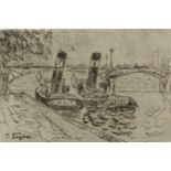 Paul Signac (1863-1935) Two tugboats on the river signed (in the plate) etching 25 x 36cm.