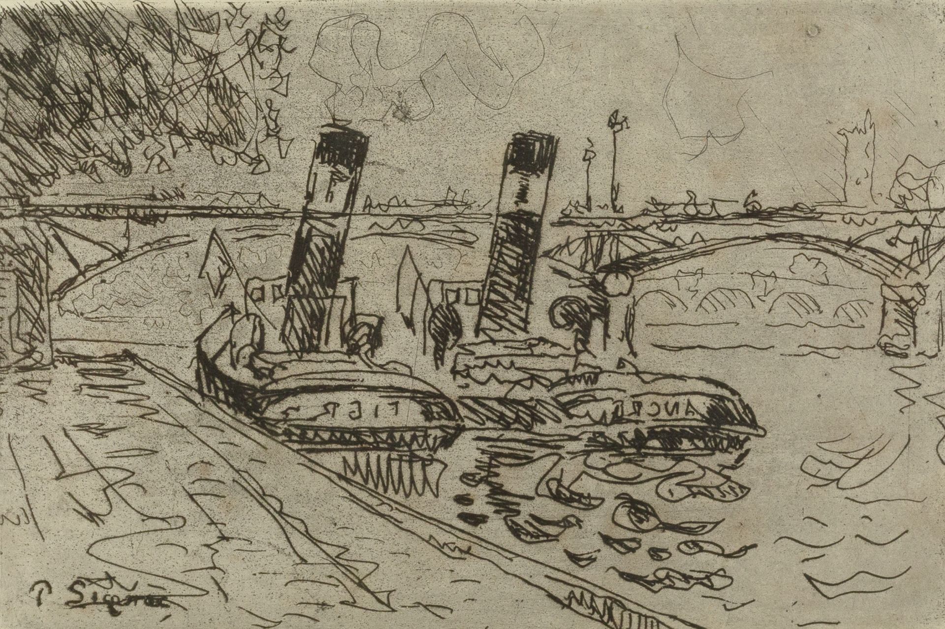 Paul Signac (1863-1935) Two tugboats on the river signed (in the plate) etching 25 x 36cm.
