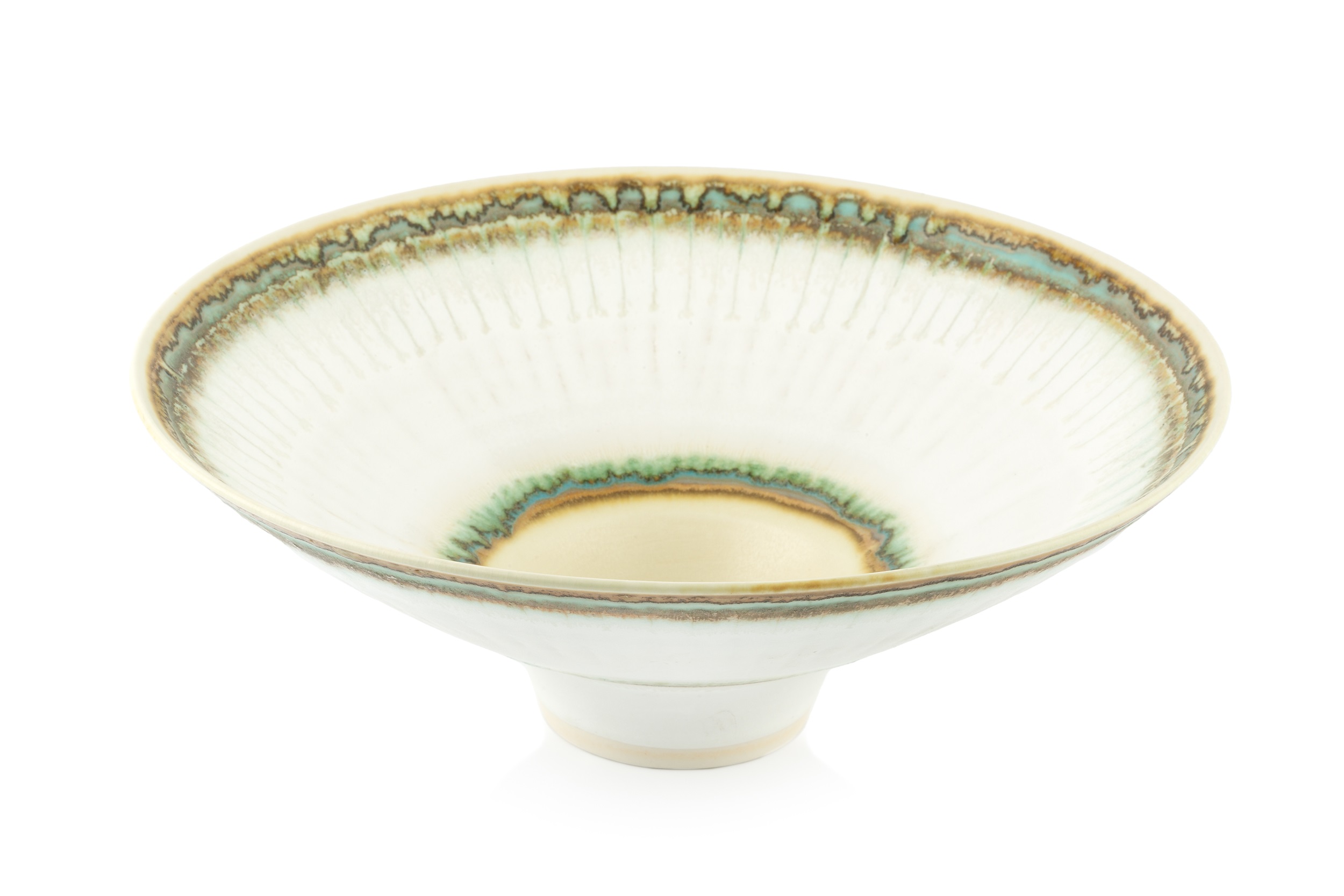 Peter Wills (b.1955) Large footed bowl porcelain, with a white glaze with bands of blue, brown,